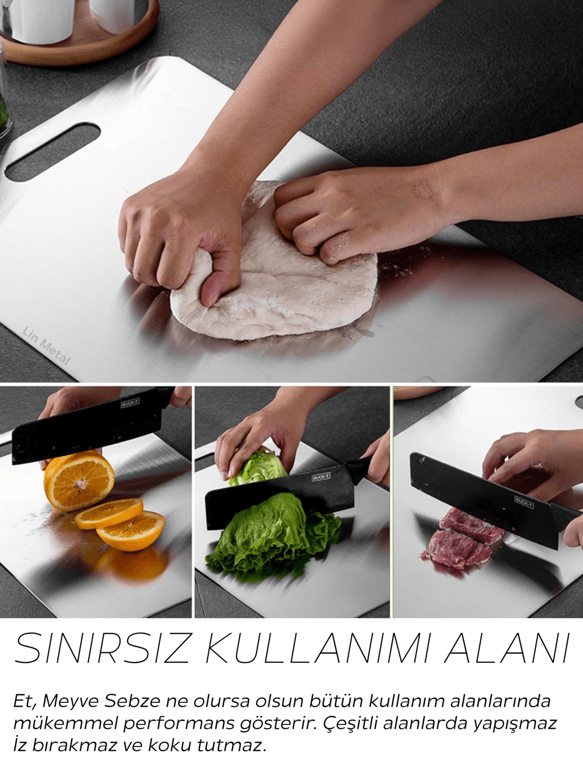 Paslanmaz Çelik Kesme Tahtası – 304 Kalite Antibakteriyel Metal Kesim Panosu | Lin Metal