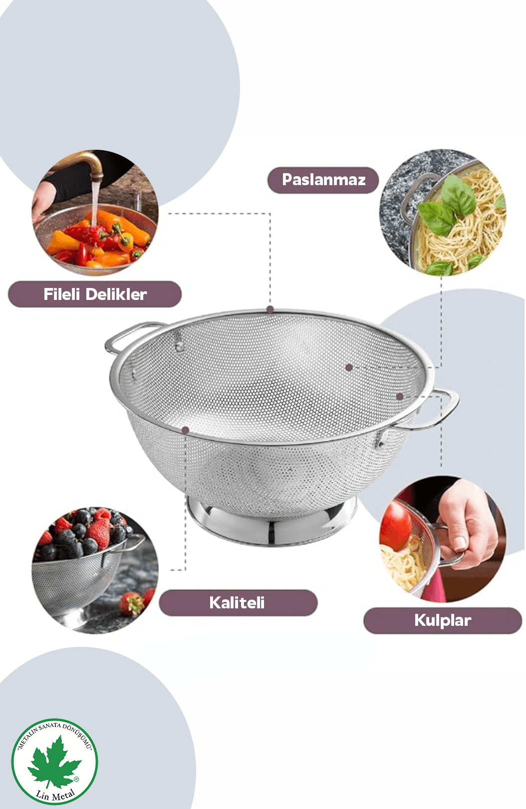 Büyük Boy Paslanmaz Çelik Makarna Süzgeci – 25 cm Metal Kulplu Kevgir 