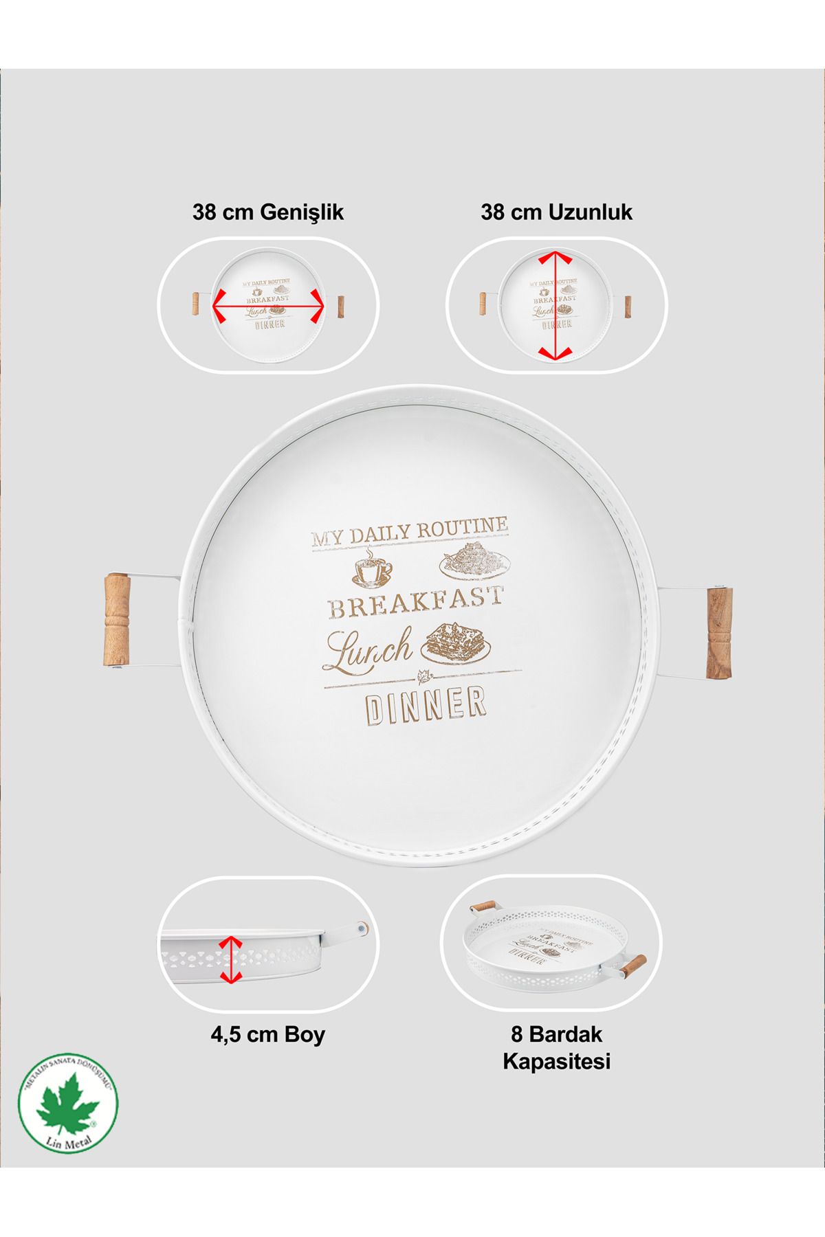 37 cm Ahşap Kulplu Desenli Metal Servis Tepsisi (Daily Routine Baskılı)