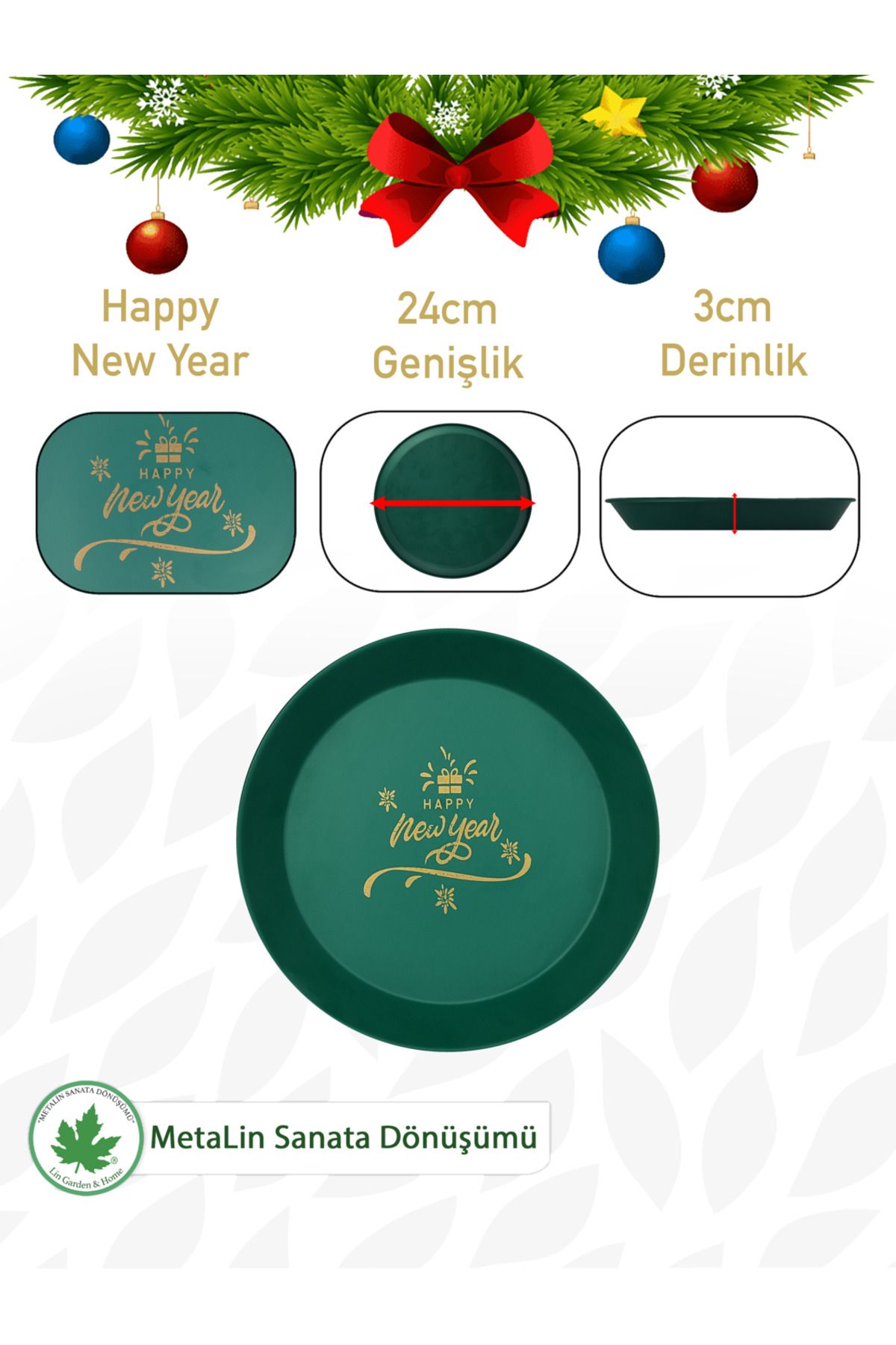 Yeşil Yılbaşı Sunum Tepsisi – 24 cm Happy New Year Baskılı Metal Servis & Kahve Tepsisi