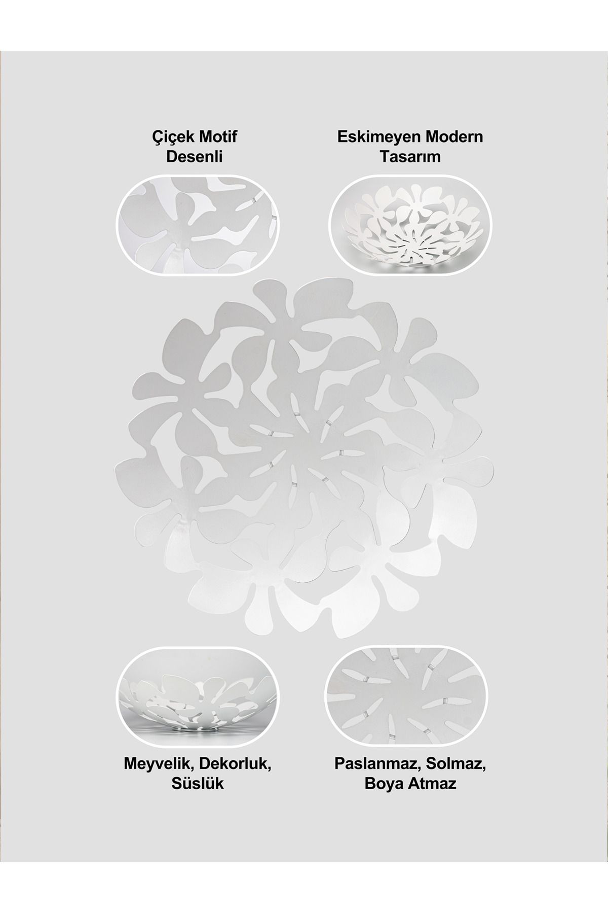 Daisy Dekoratif Metal Meyvelik, Metal Kase, Tabak (33cm)