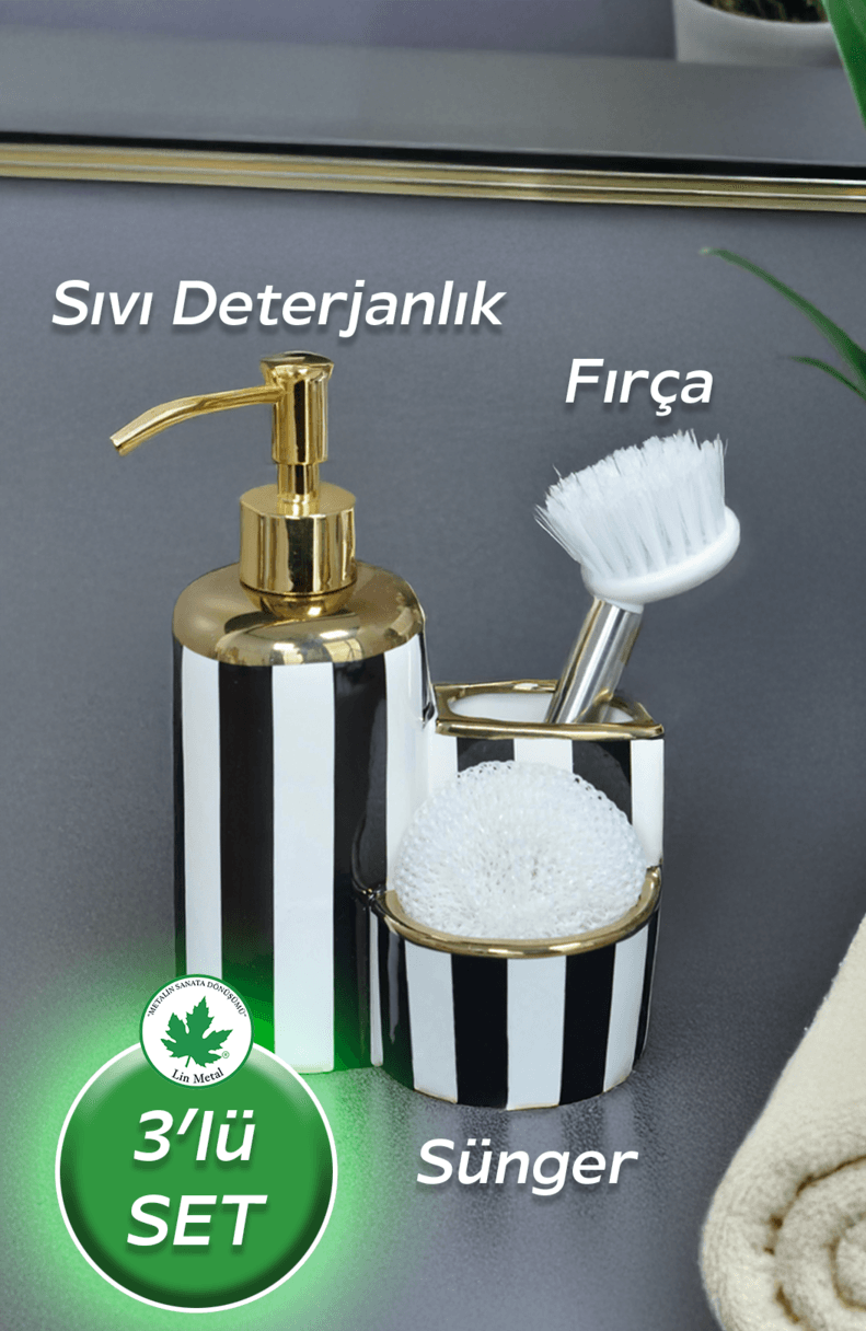 Çizgi Desenli Lüks Porselen Fırçalı Süngerli Mutfak Sıvı Sabunluk Bulaşık Deterjanlık 3'lü Set