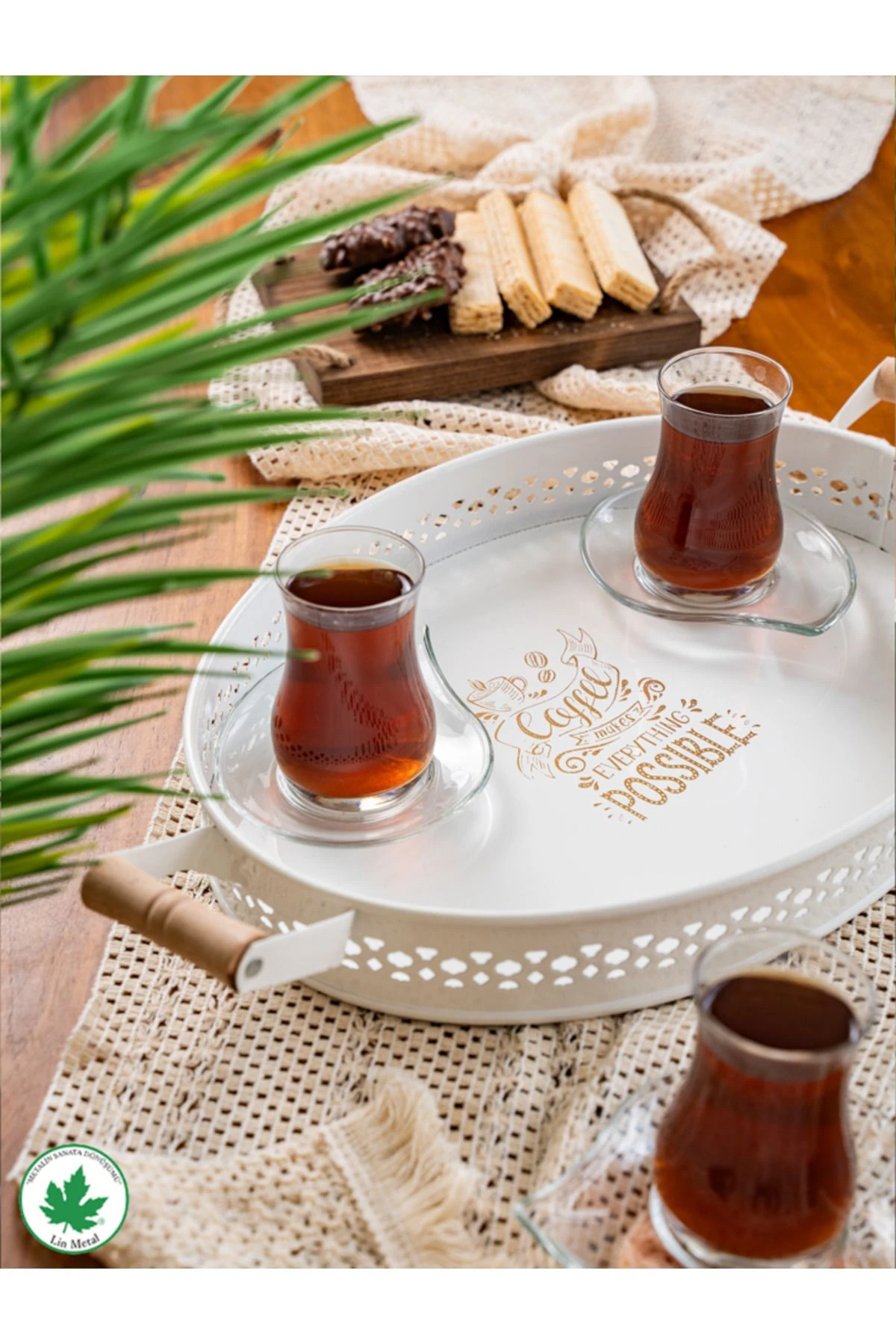 Tulipa Ahşap Kulplu Oval Tepsi DANTELLİ (Possible Baskılı)