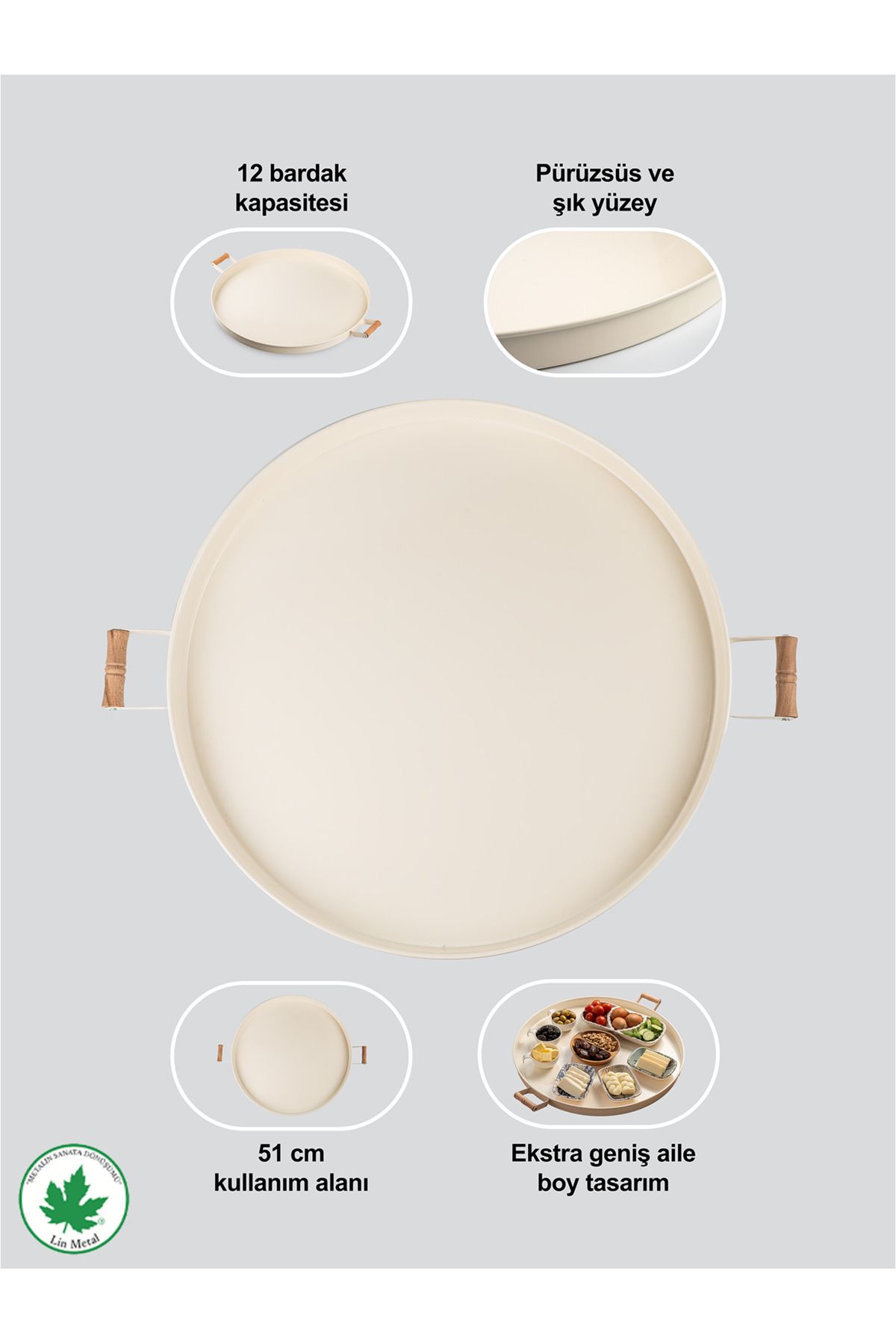 51 cm Ahşap Kulplu Siyah Metal Tepsi