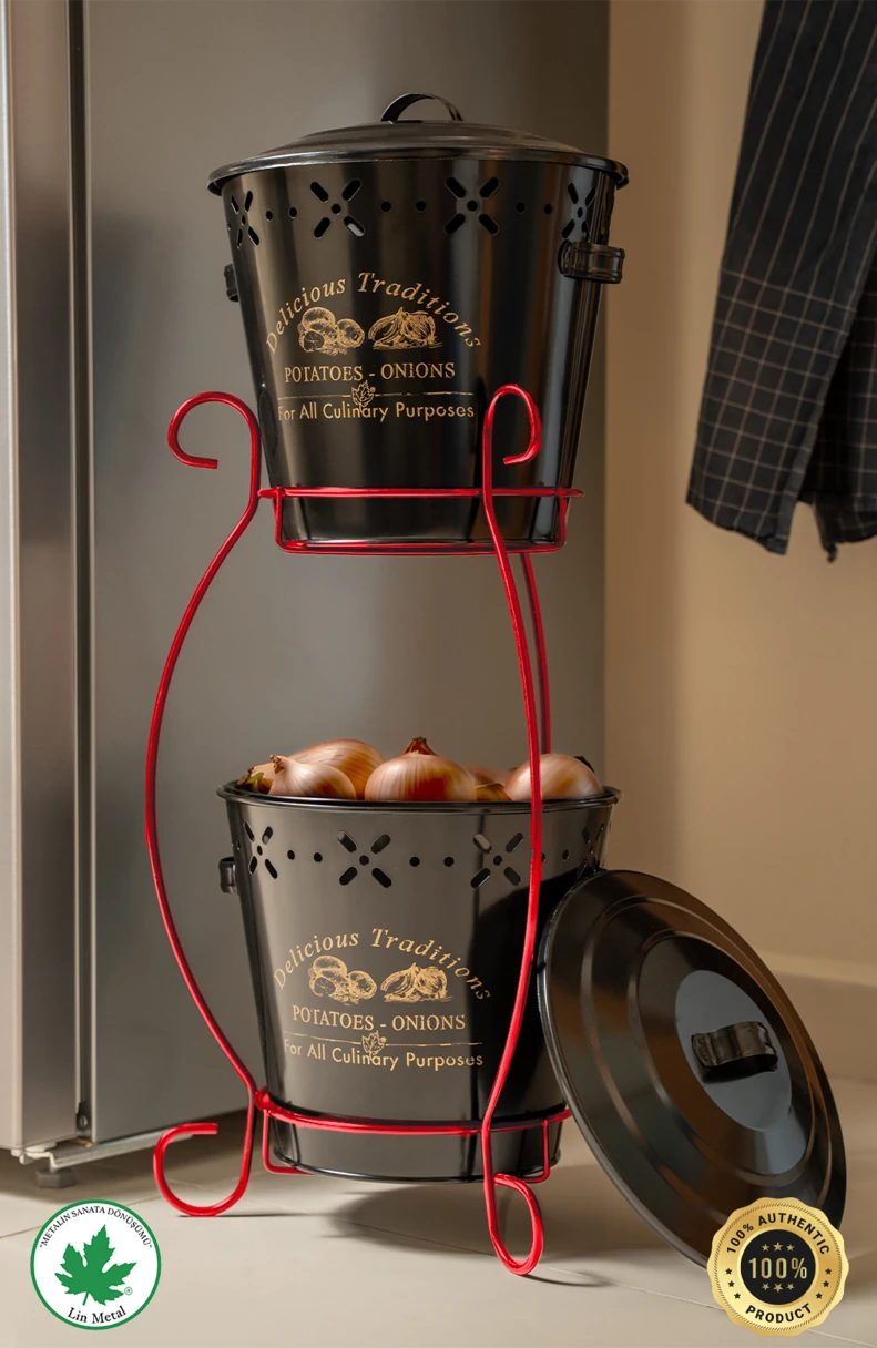 İki Katlı Konik Metal Sebzelik – Patates & Soğan Kovası