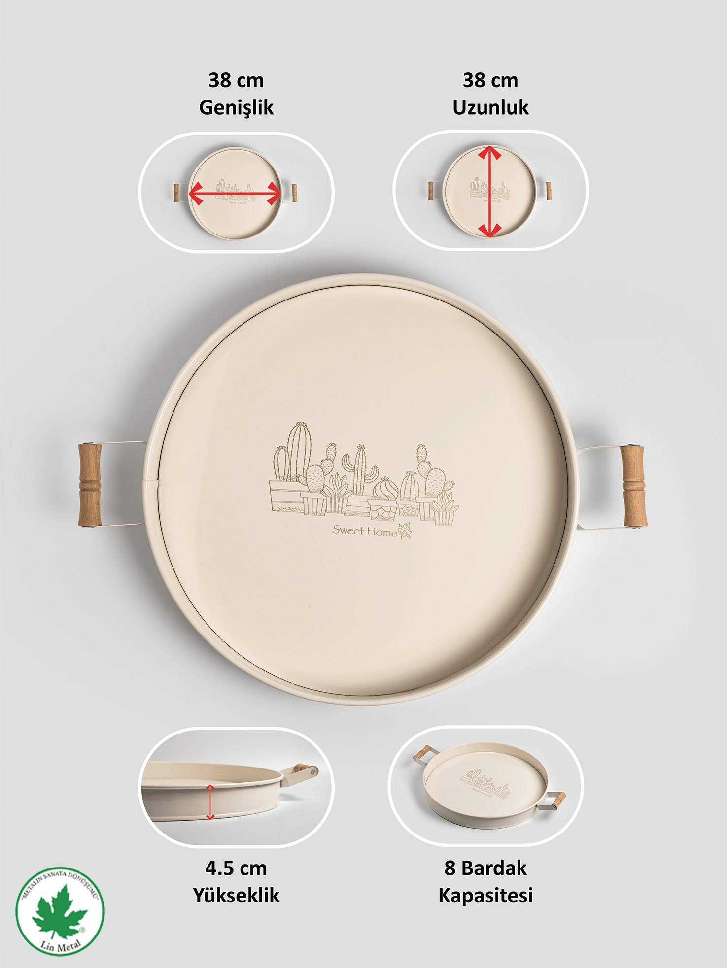37 cm Ahşap Kulplu Metal Tepsi – Kaktüs Baskılı | Lin Metal
