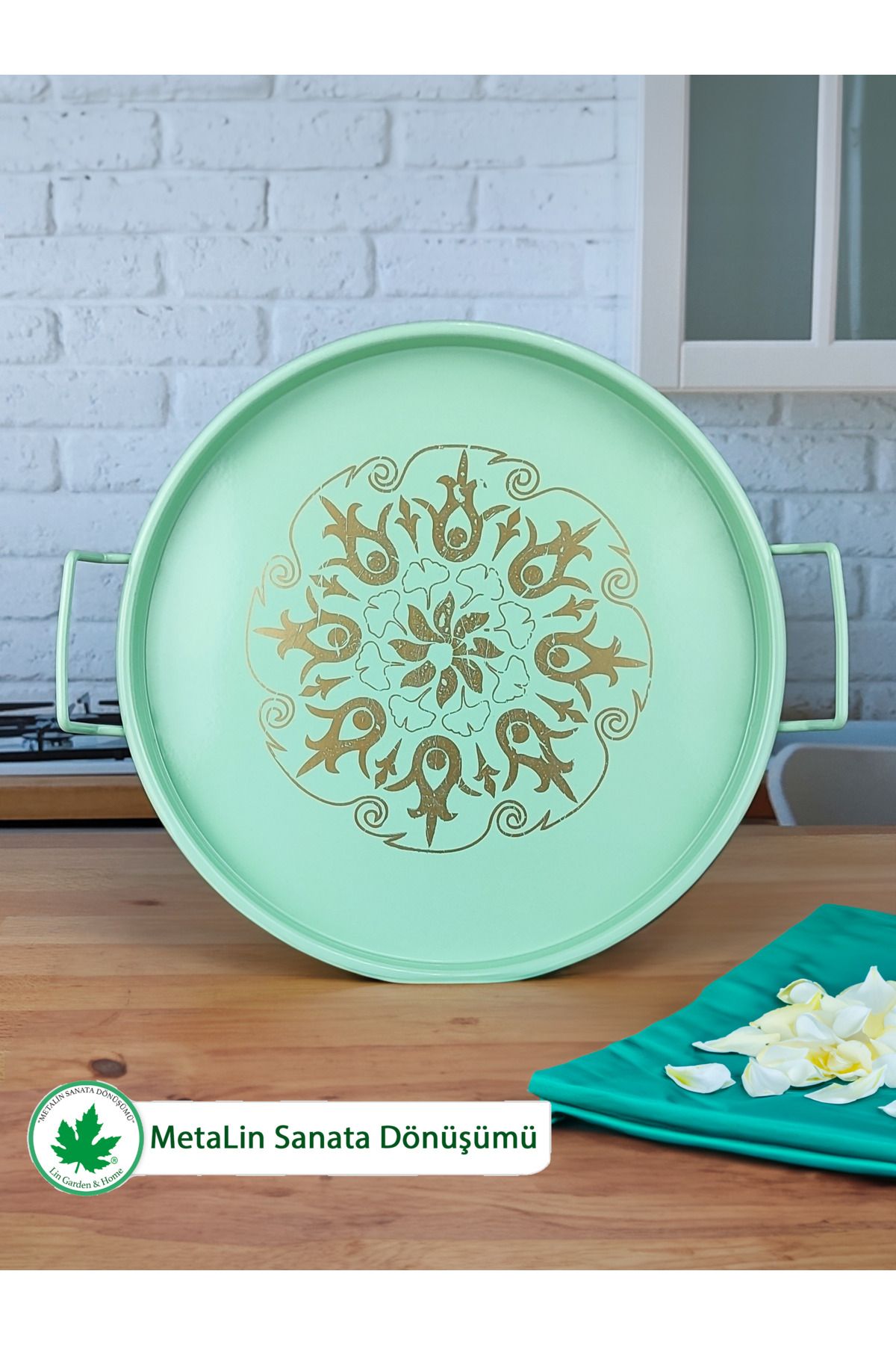 İkili Tel Kulplu Metal Servis Tepsisi 24cm (Osmanlı Baskılı)
