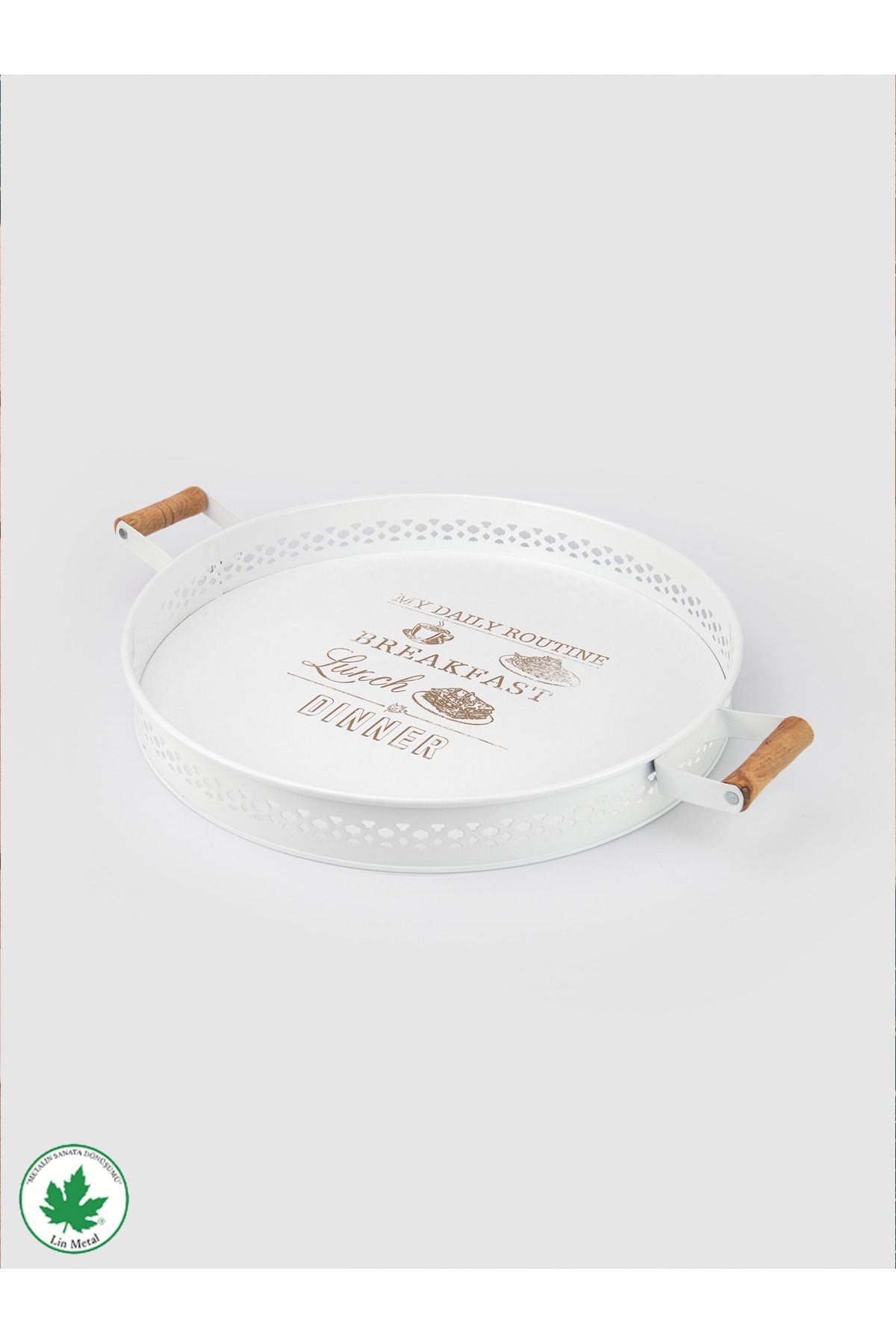 37 cm Ahşap Kulplu Desenli Metal Servis Tepsisi (Daily Routine Baskılı)
