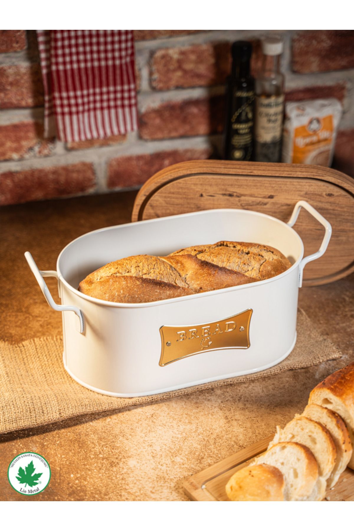 Ahşap Kapaklı Tel Kulplu Metal Ekmeklik – Bread Plakalı