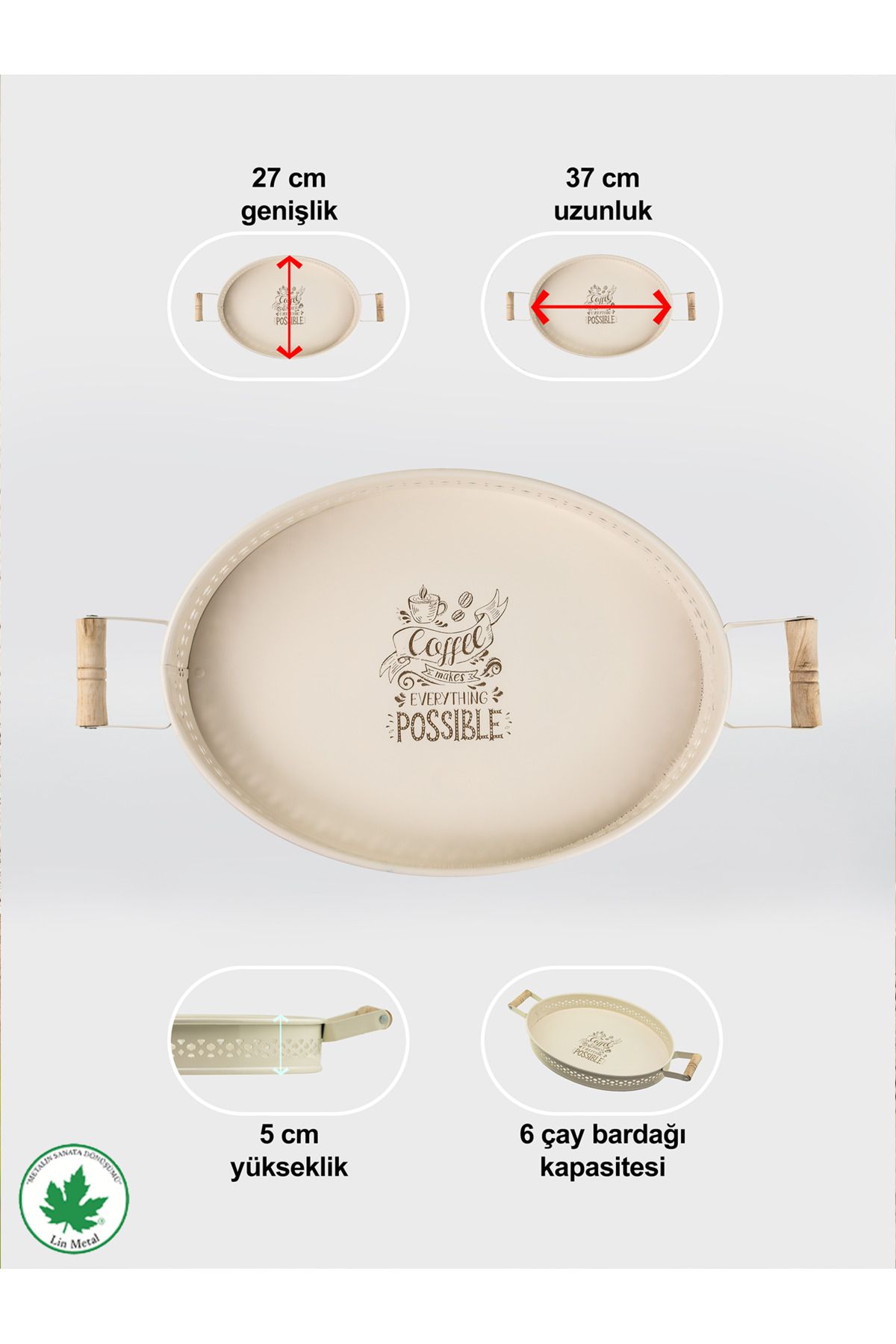 Tulipa Ahşap Kulplu Oval Tepsi DANTELLİ (Possible Baskılı)