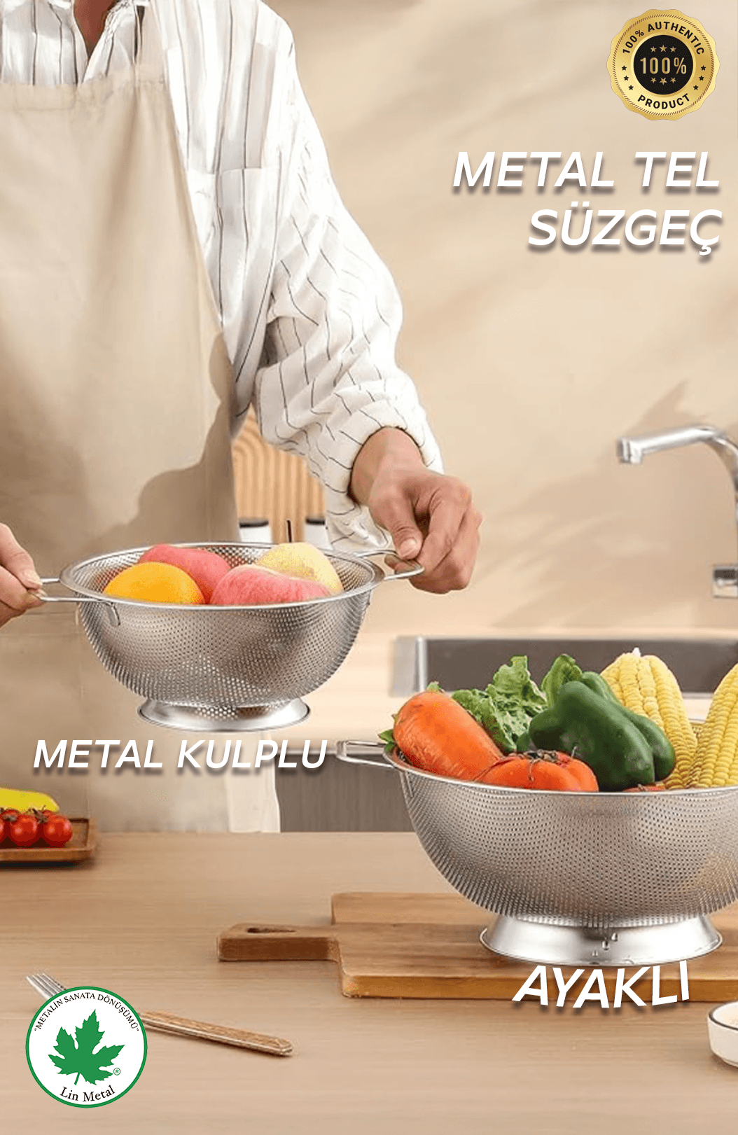 Büyük Boy Paslanmaz Çelik Makarna Süzgeci – 25 cm Metal Kulplu Kevgir 