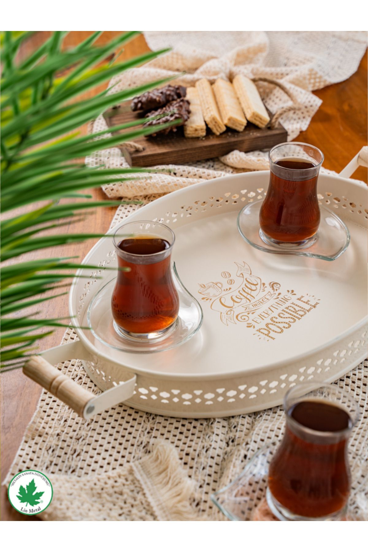 Tulipa Ahşap Kulplu Oval Tepsi DANTELLİ (Possible Baskılı)