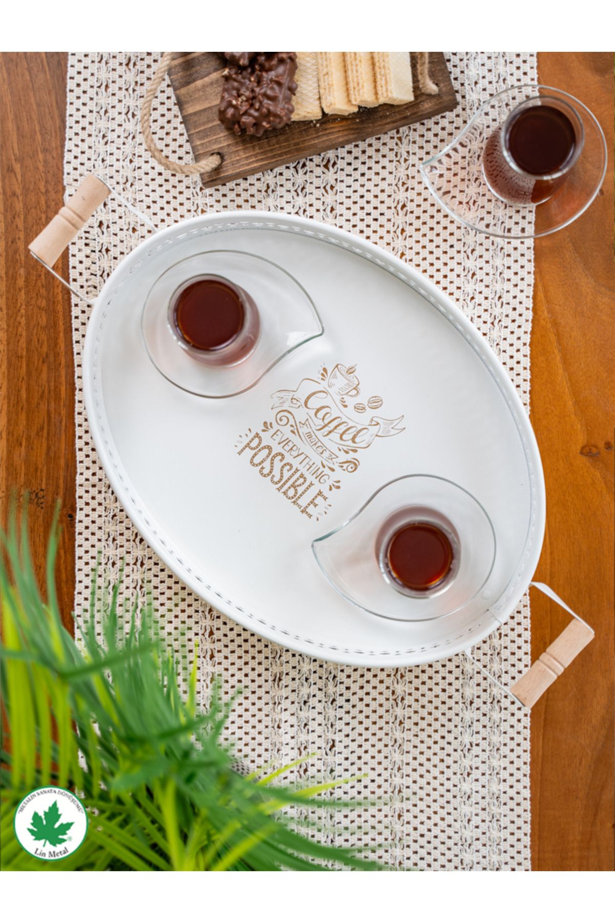 Tulipa Ahşap Kulplu Oval Tepsi DANTELLİ (Possible Baskılı)