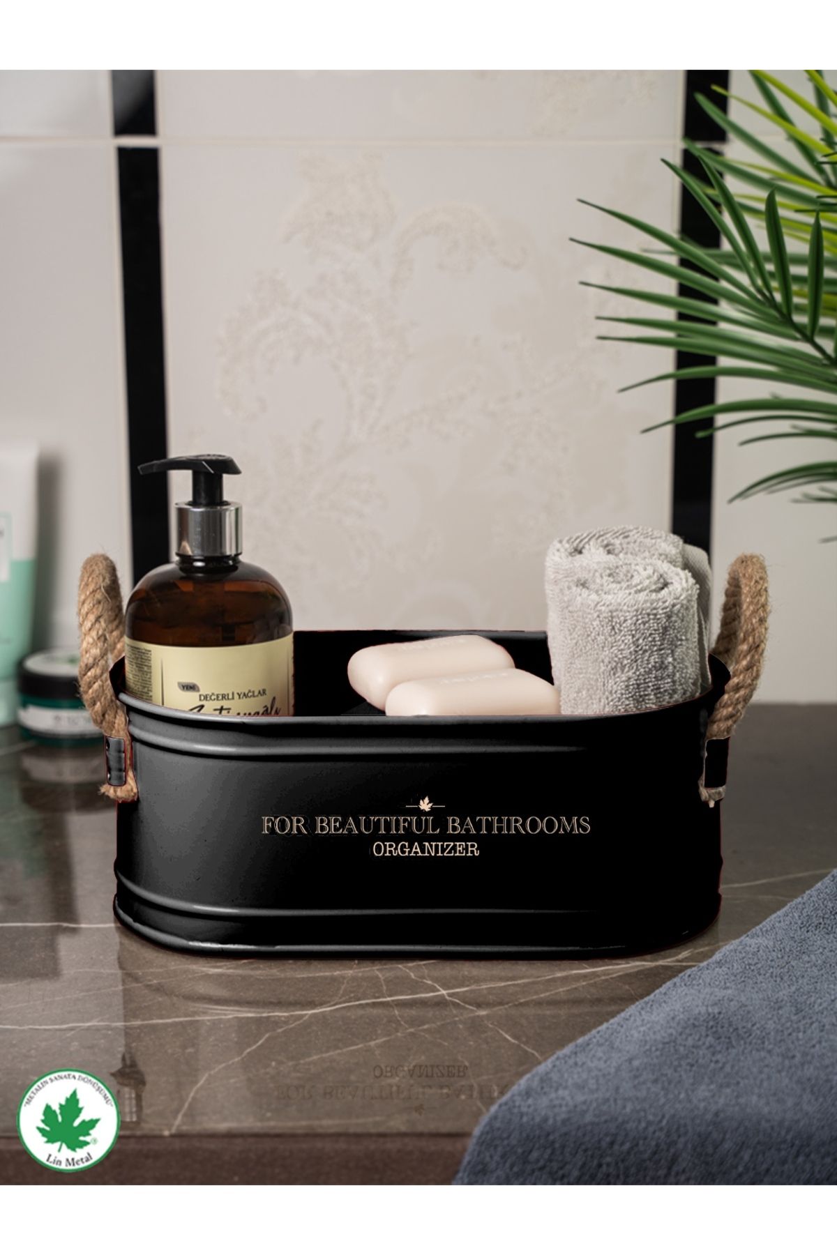İp Kulplu Metal Baton Banyo Düzenleyici – “For Beautiful Bathrooms” Baskılı Organizer