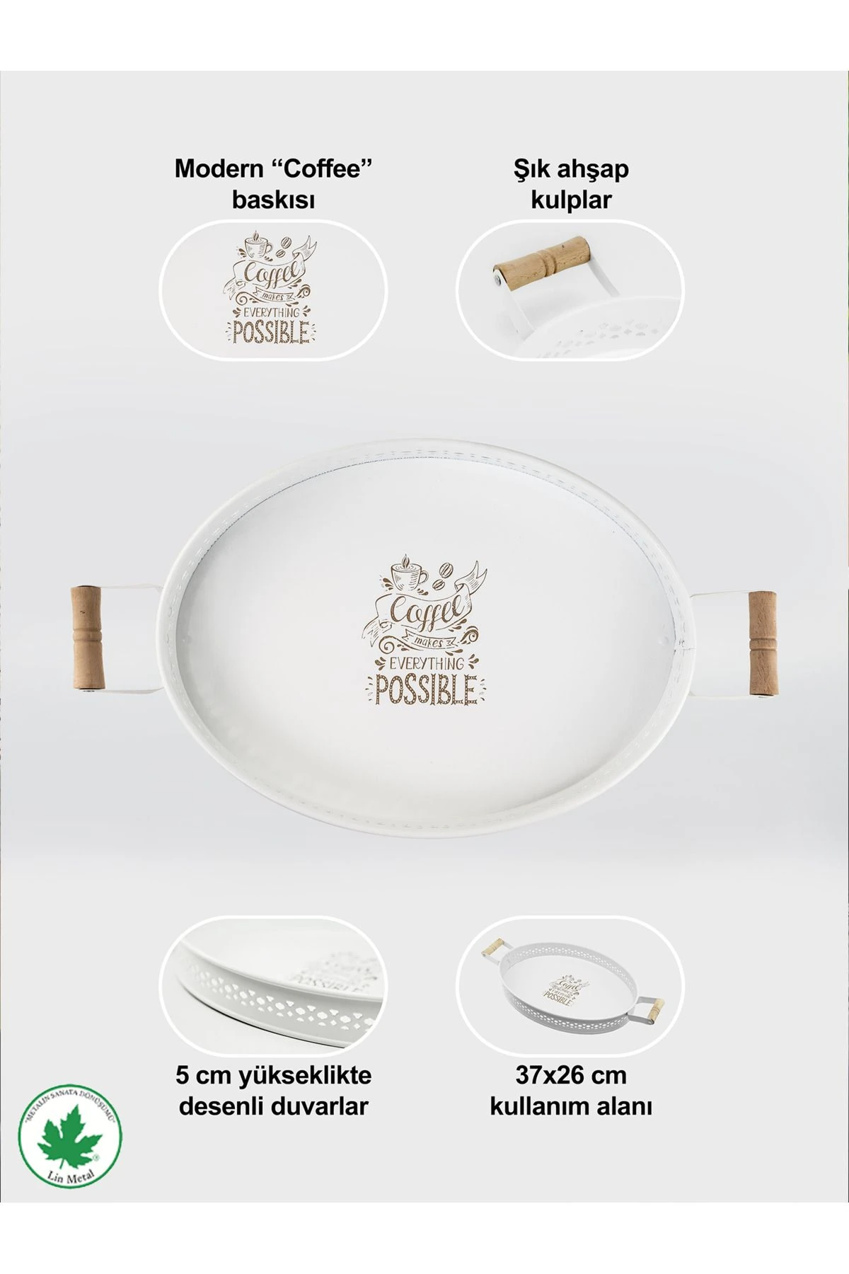 Tulipa Ahşap Kulplu Oval Tepsi DANTELLİ (Possible Baskılı)