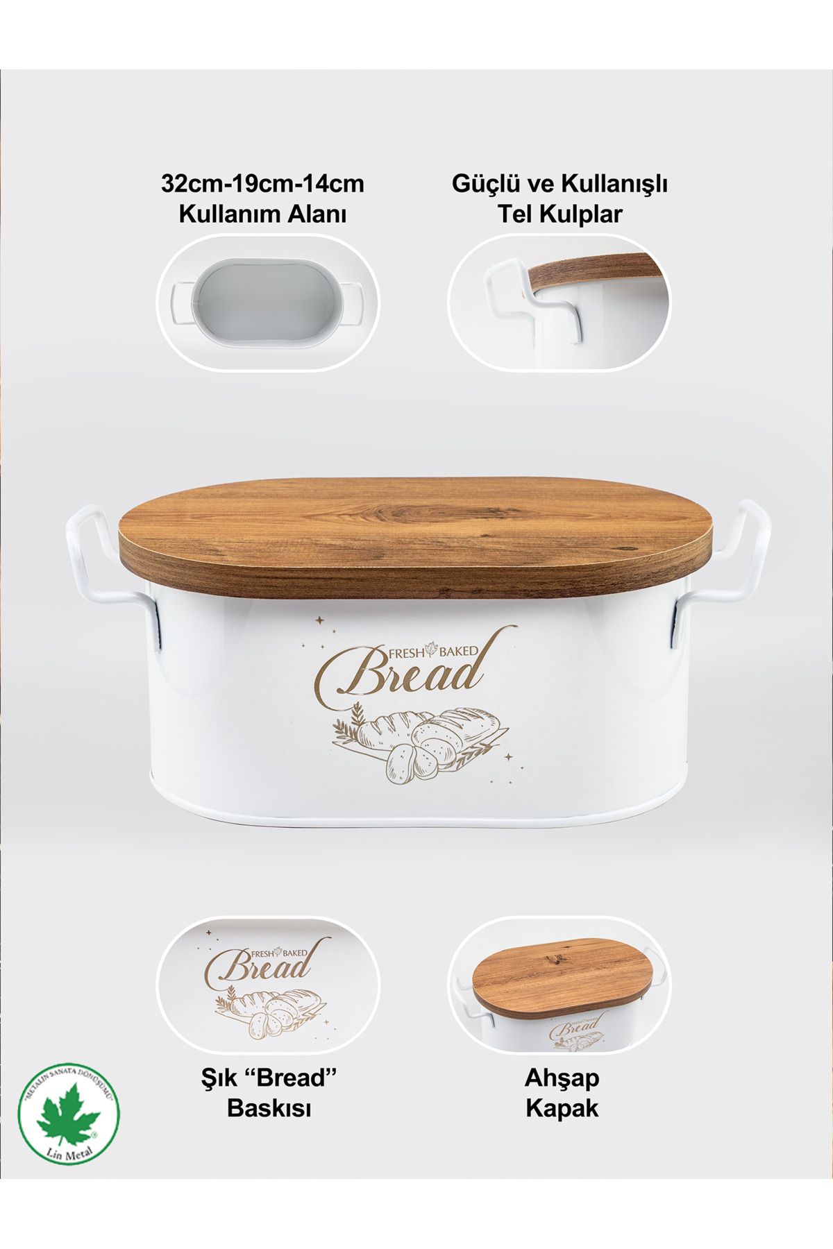 Galvaniz Metal Tel Kulplu Ekmeklik – Ahşap Kapaklı, Bread Baskılı 