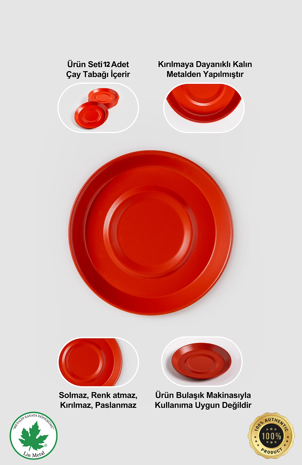12'li Büyük Boy Metal Çay Tabağı, Kırılmaz, Paslanamz, Bükülmez Metal Çay Tabağı Seti