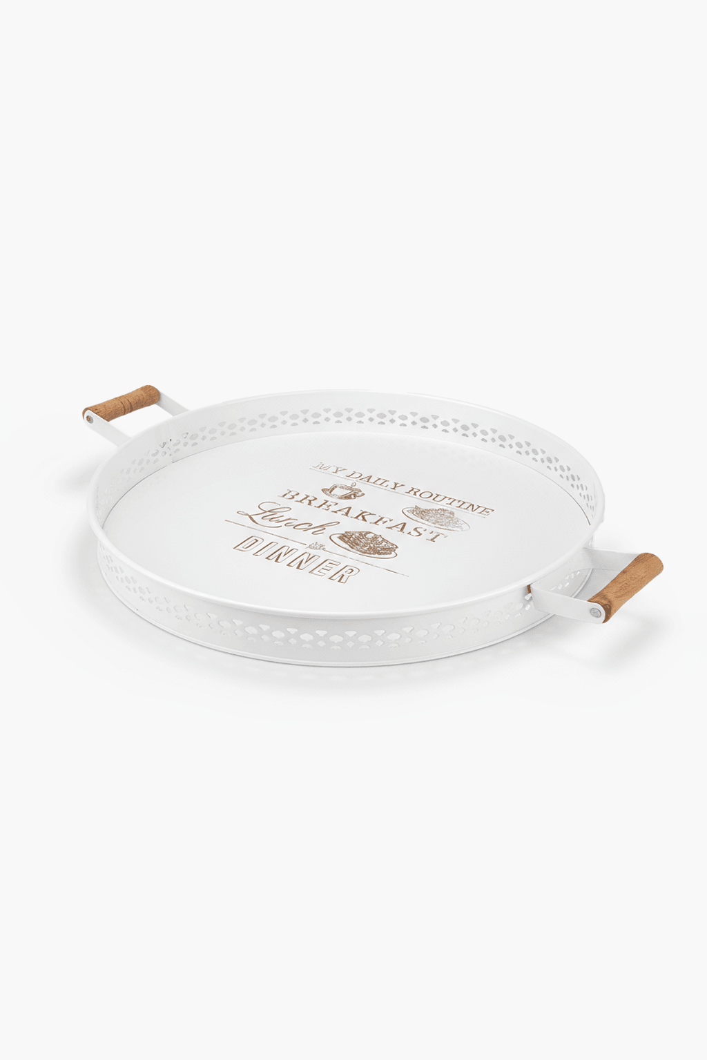 37 cm Ahşap Kulplu Desenli Metal Servis Tepsisi (Daily Routine Baskılı)
