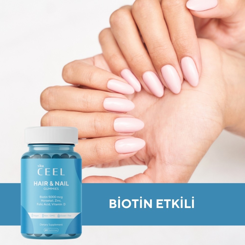 Saç Tırnak Vitamini Çiğnenebilir Vegan Gummy Biotin 5000, Vitamin D, Çinko, Folik Asit, At Kuyruğu