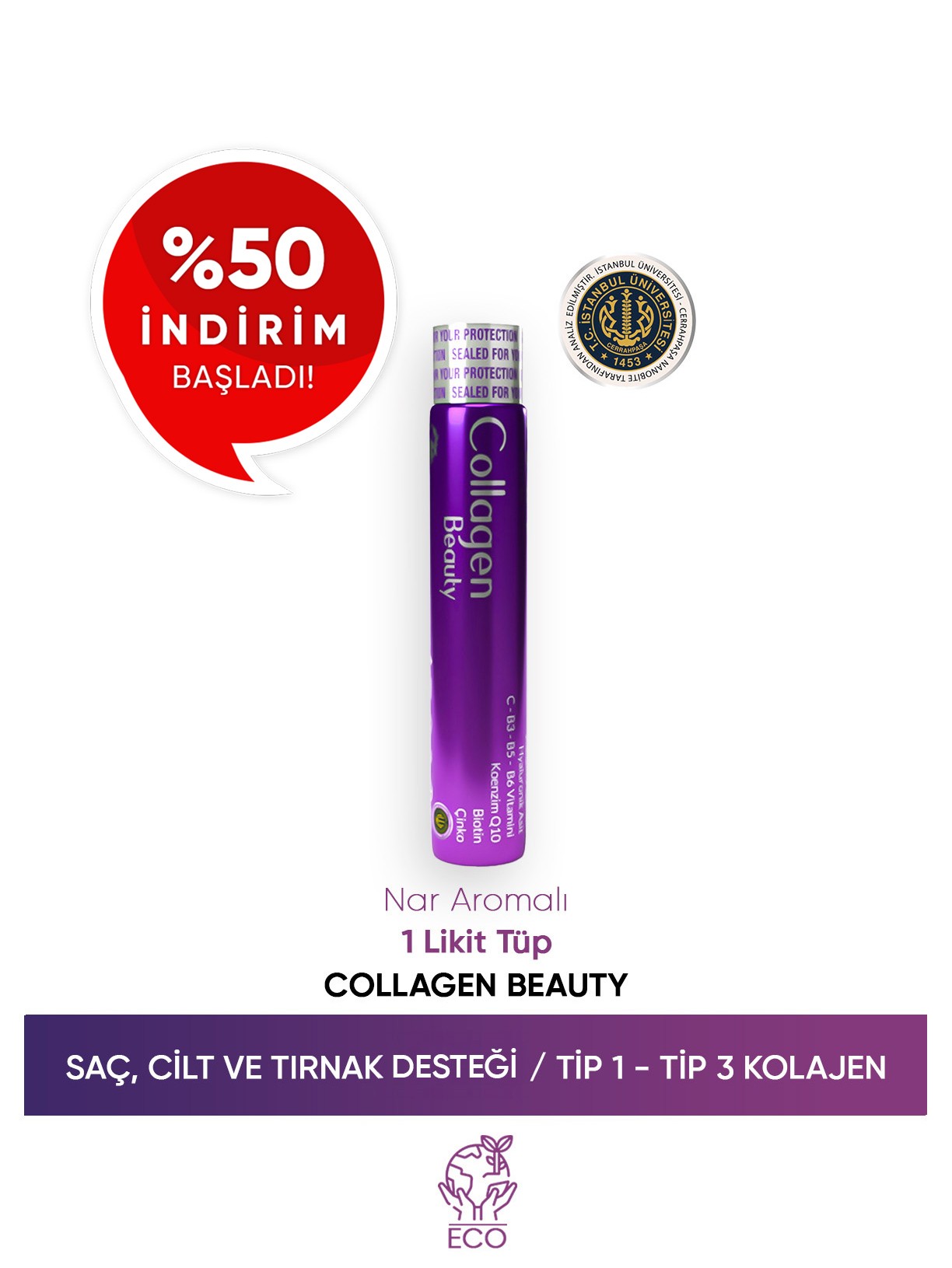 Collagen Beauty Yüksek Biyoaktif Hidrolize Tip 1 & Tip 3 Kolajen  | 1 Tüp