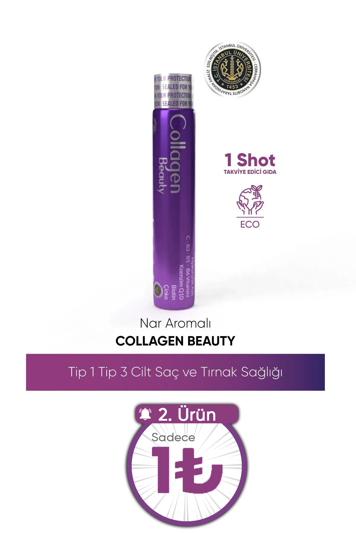 Collagen Beauty Yüksek Biyoaktif Hidrolize Tip 1&3 Kolajen | %100 Saf ve Doğal Nar Aromalı Shot - 1 Tüp