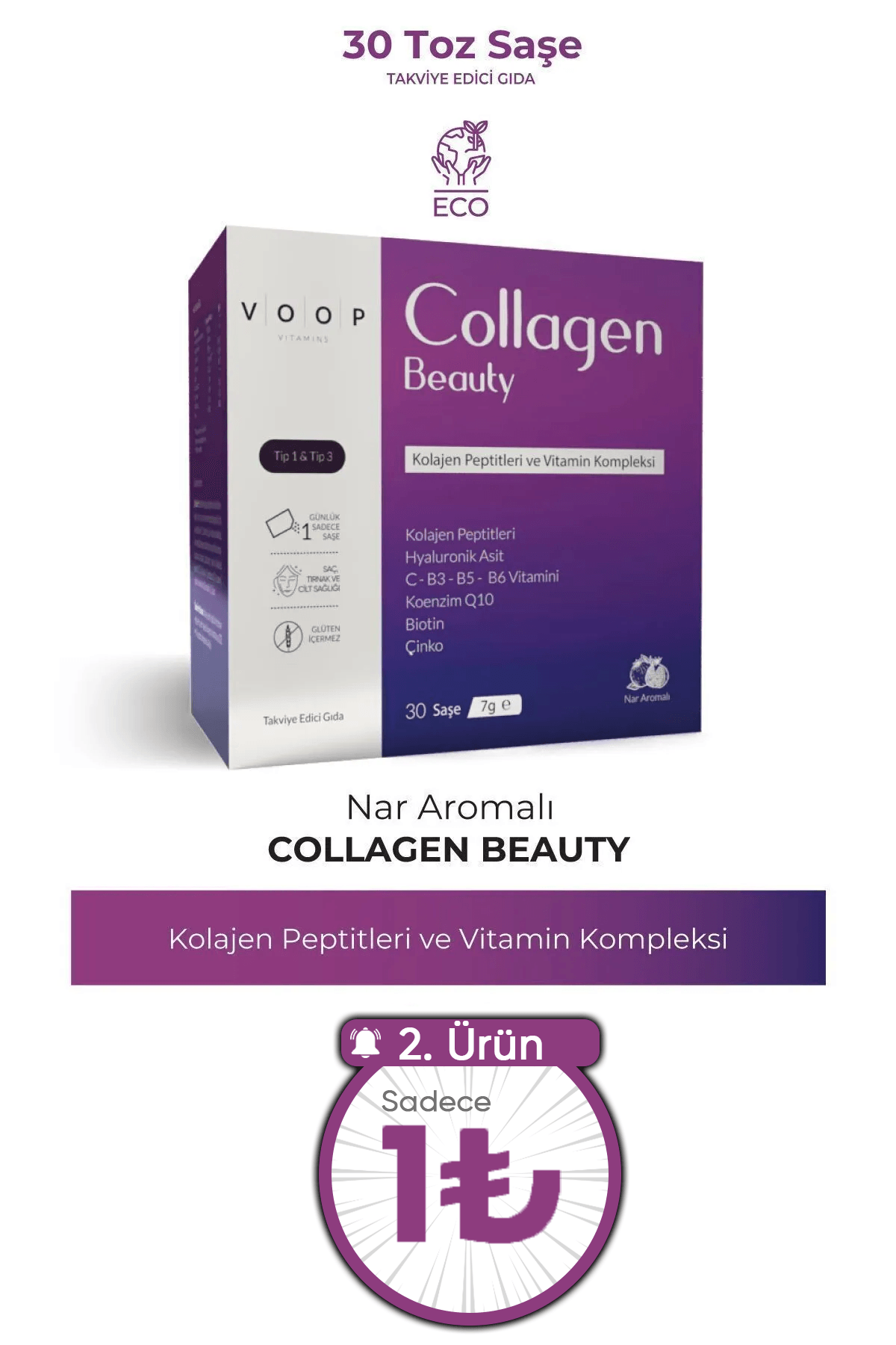 Collagen Beauty Yüksek Biyoaktif Hidrolize Tip 1&3 Kolajen | %100 Saf ve Doğal Nar Aromalı Toz Saşe - 30 Adet