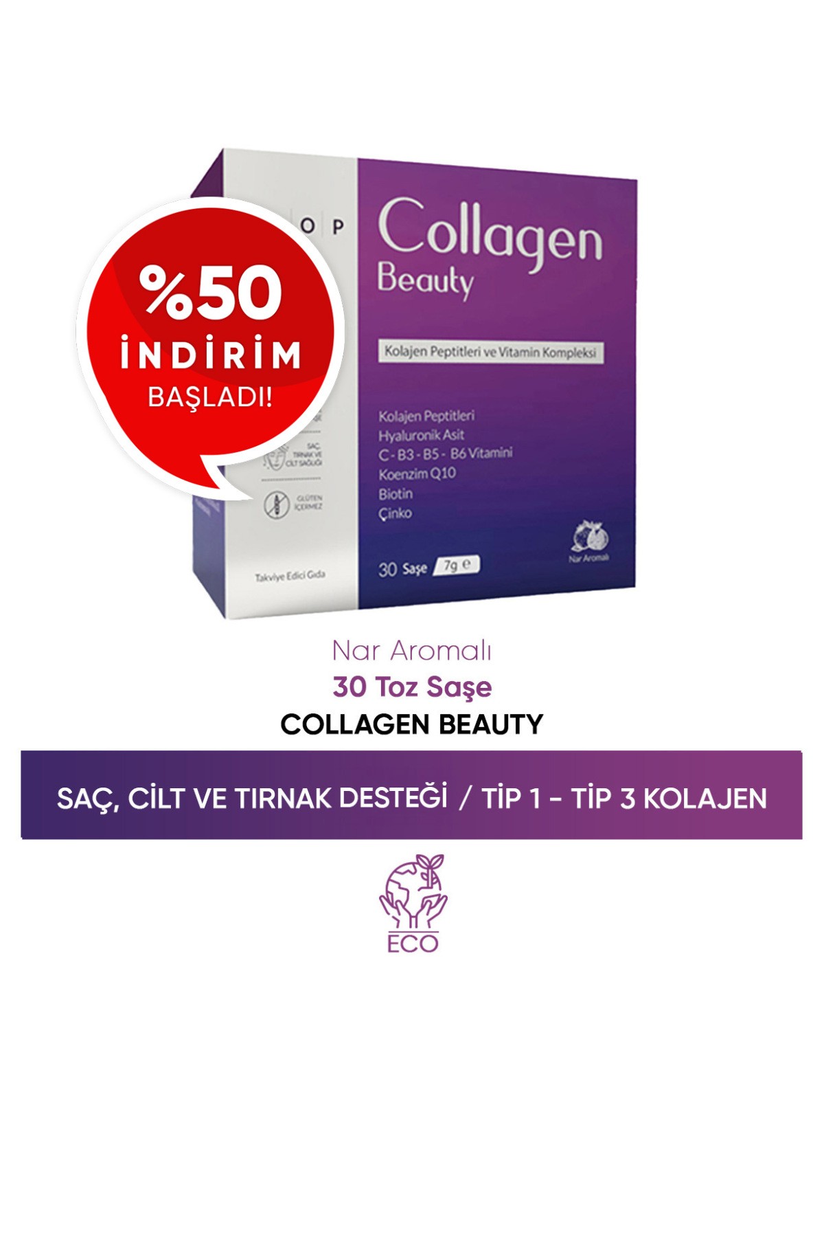 Collagen Beauty Yüksek Biyoaktif Hidrolize Tip 1 & Tip 3 Kolajen | 30 Toz Saşe