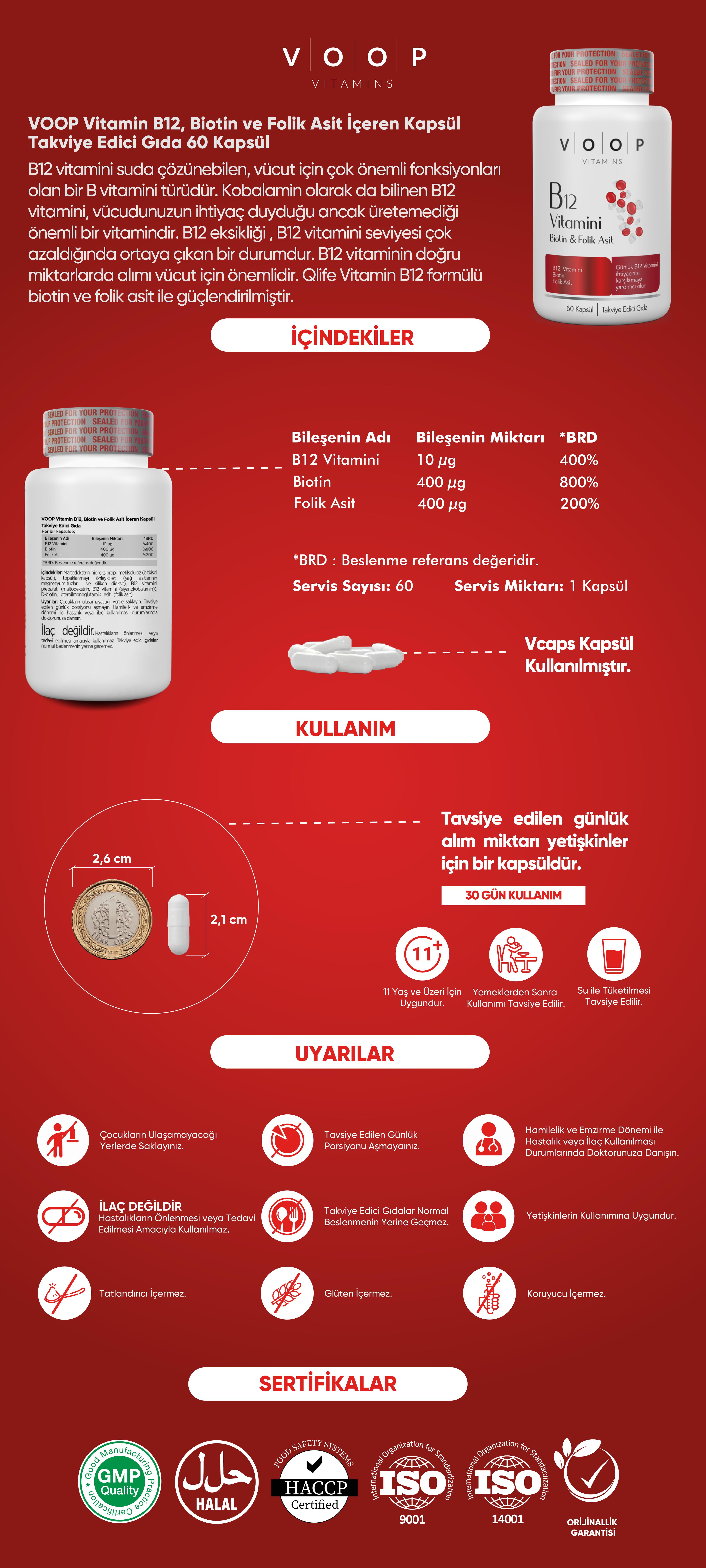 B12 Vitamini | Sinir Sistemi ve Kırmızı Kan Hücre Oluşumu Desteği | 60 Kapsül