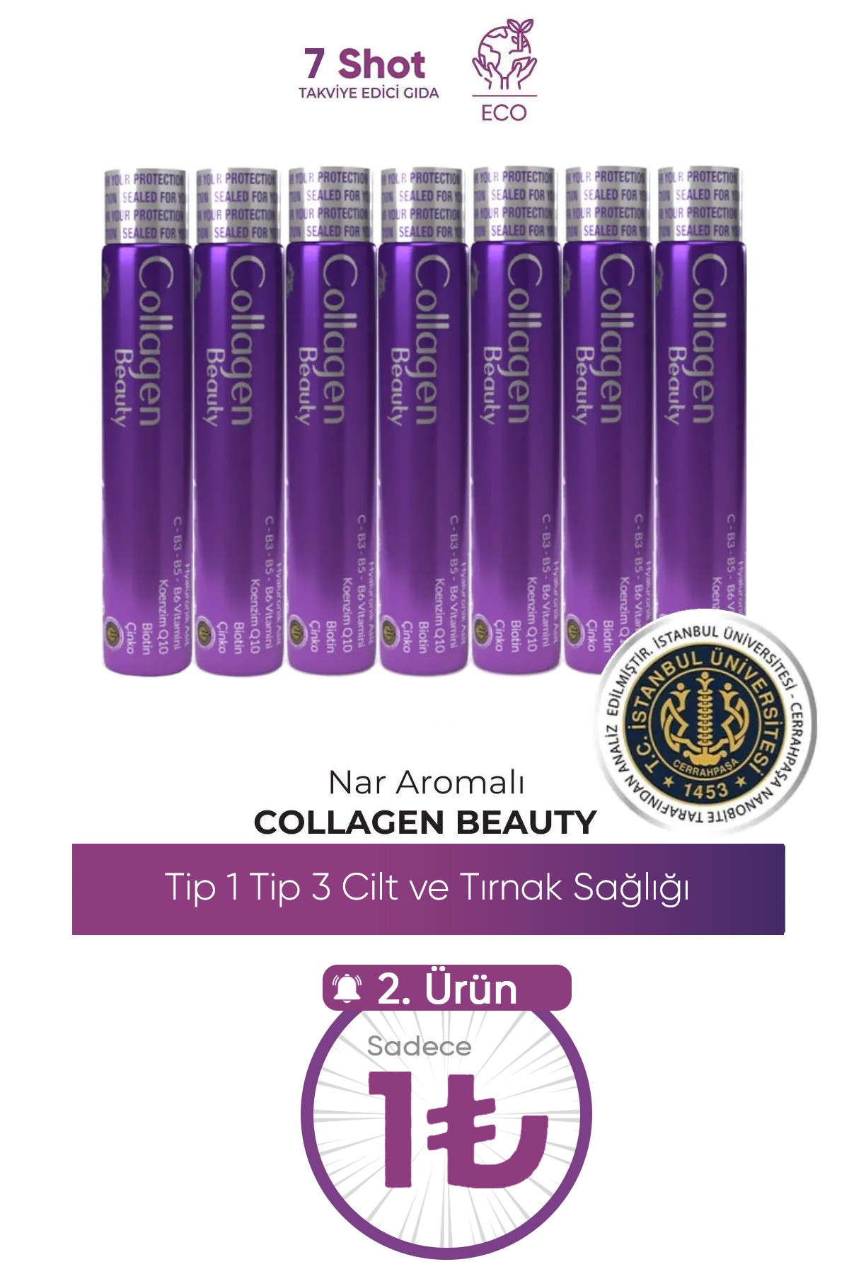 Collagen Beauty Yüksek Biyoaktif Hidrolize Tip 1&3 Kolajen | %100 Saf ve Doğal Nar Aromalı Shot - 7 Tüp