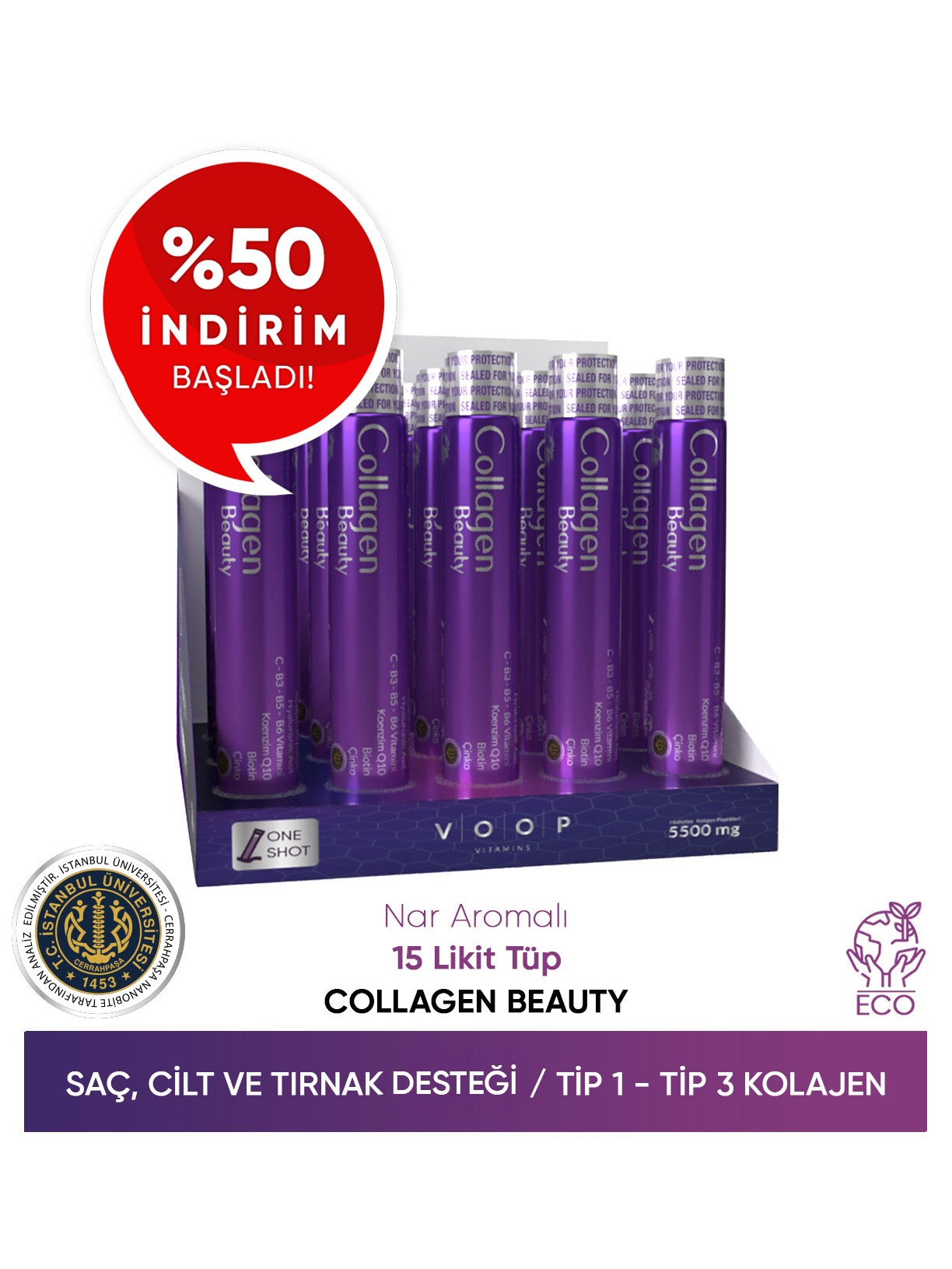 Collagen Beauty Yüksek Biyoaktif Hidrolize Tip 1 & Tip 3 Kolajen  | 15 Tüp