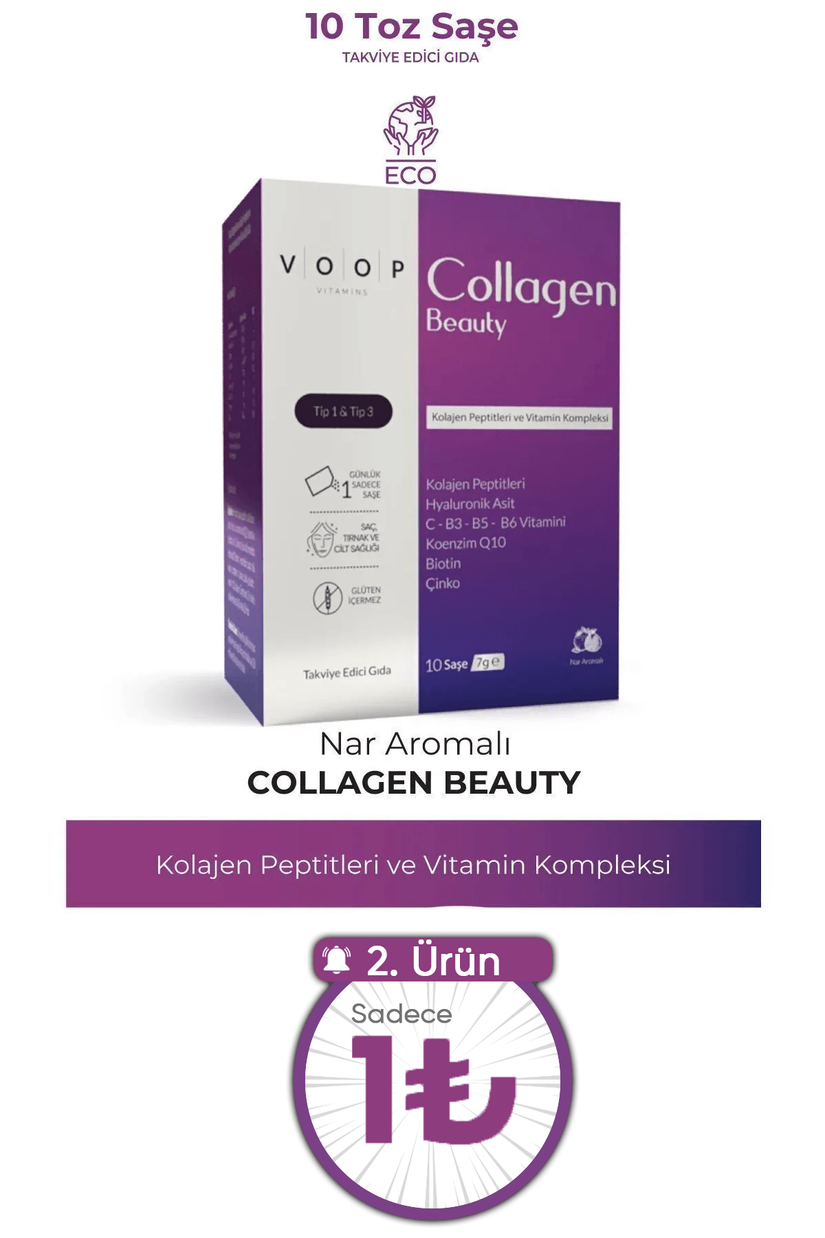 Collagen Beauty Yüksek Biyoaktif Hidrolize Tip 1&3 Kolajen | %100 Saf ve Doğal Nar Aromalı Toz Saşe - 10 Adet