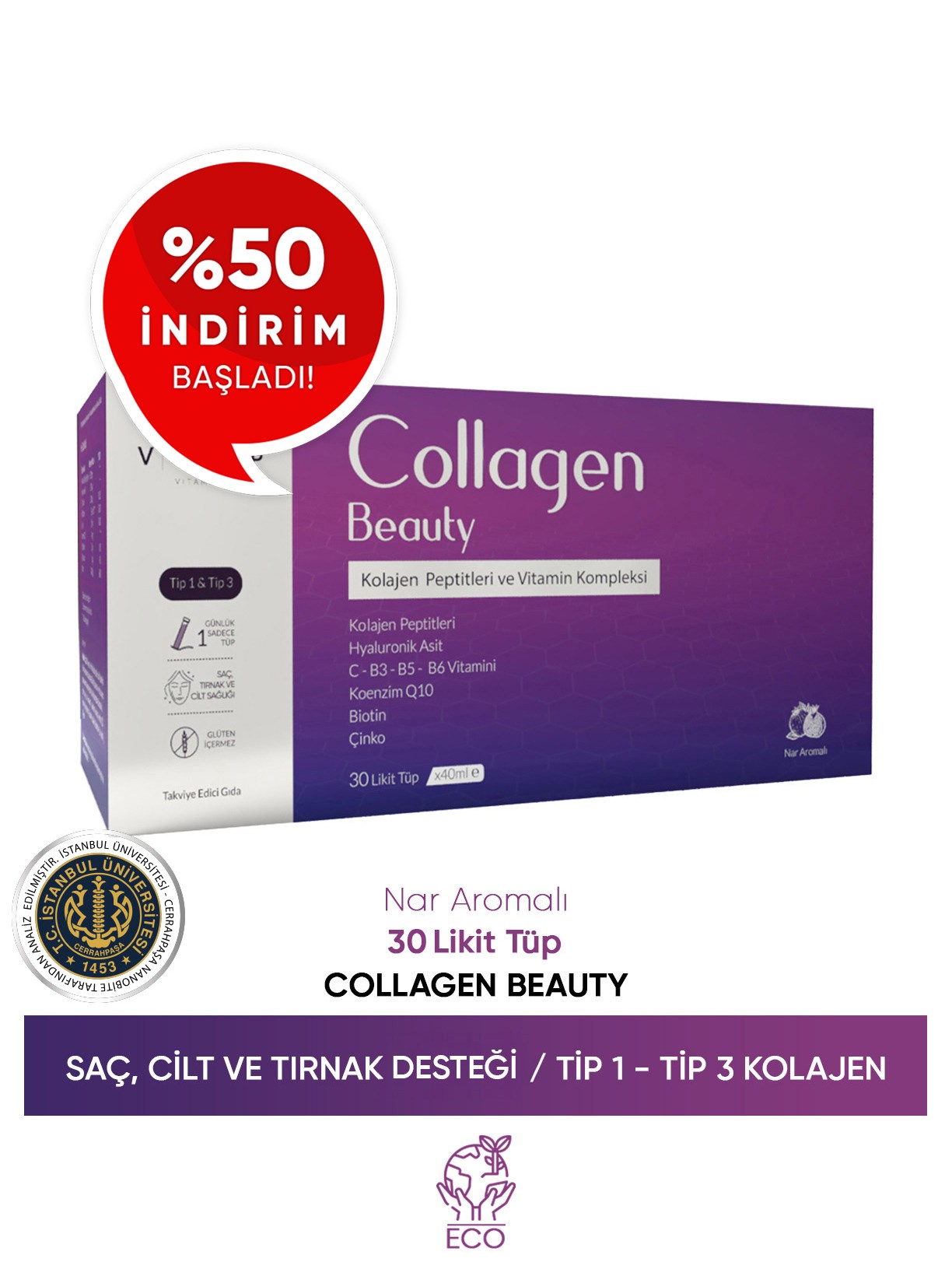 Collagen Beauty Yüksek Biyoaktif Hidrolize Tip1 & Tip3 Kolajen  | 30 Tüp