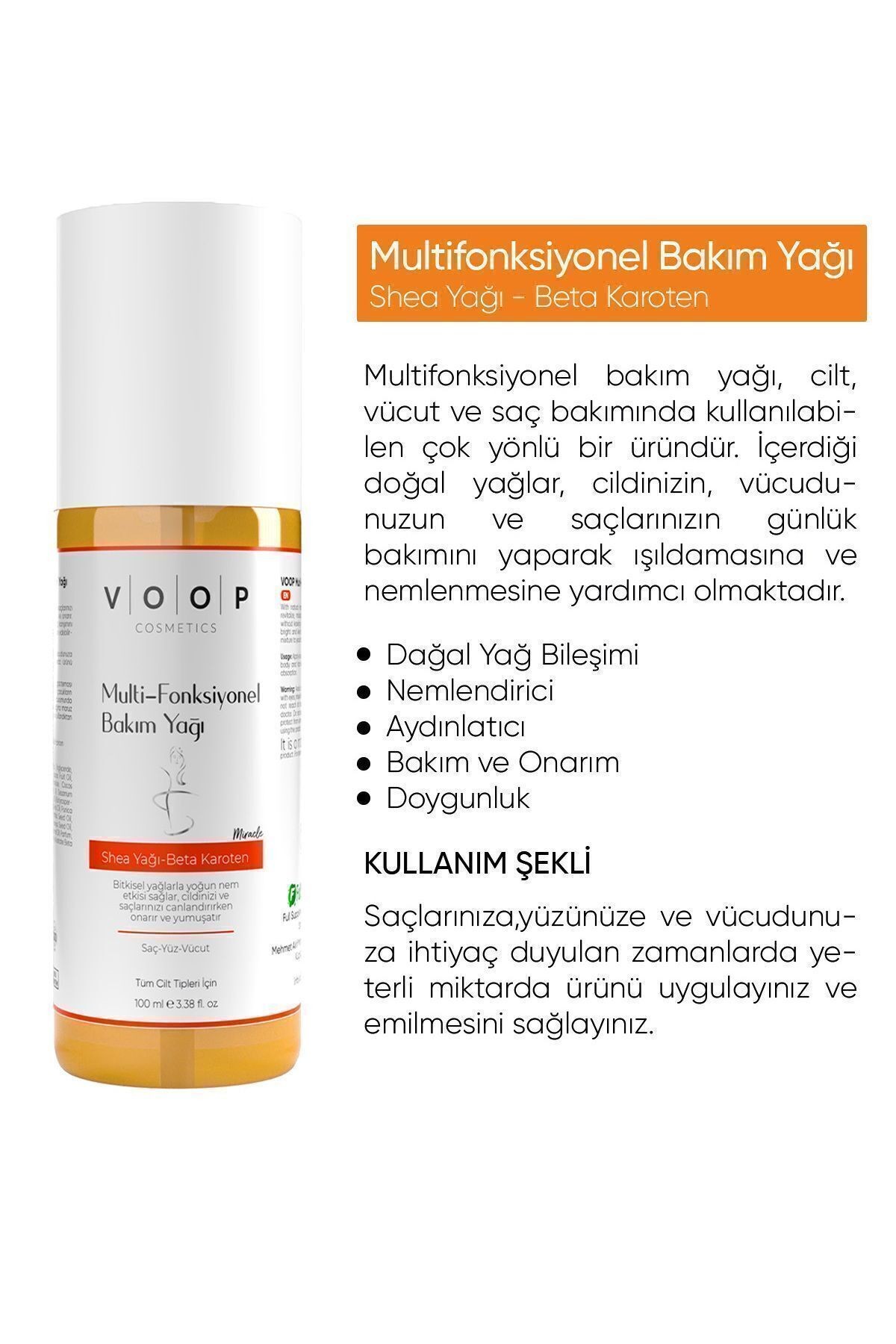 Multi Fonksiyonel Bakım Yağı ( Saç - Yüz - Vücut ) Shea Yağ - Beta Karoten | 100 ml