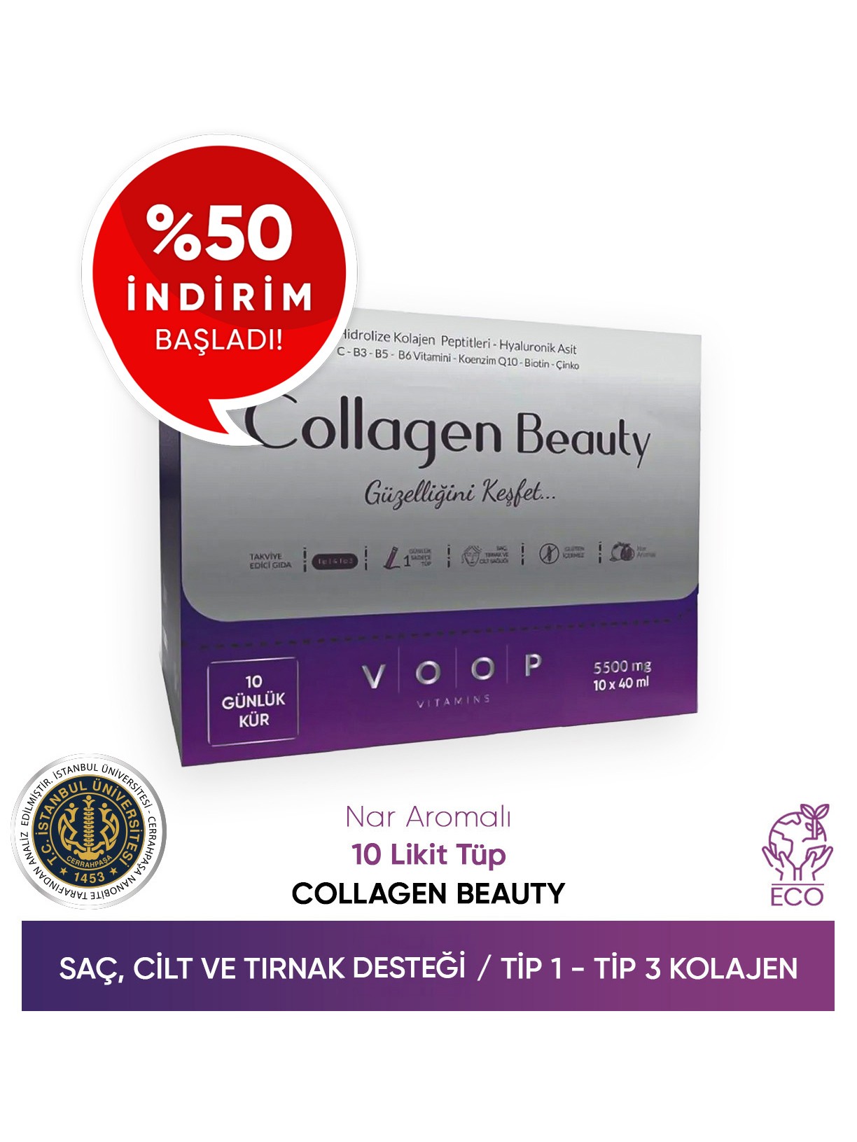 Collagen Beauty Yüksek Biyoaktif Hidrolize Tip 1 & Tip 3 Kolajen - 10 Tüp