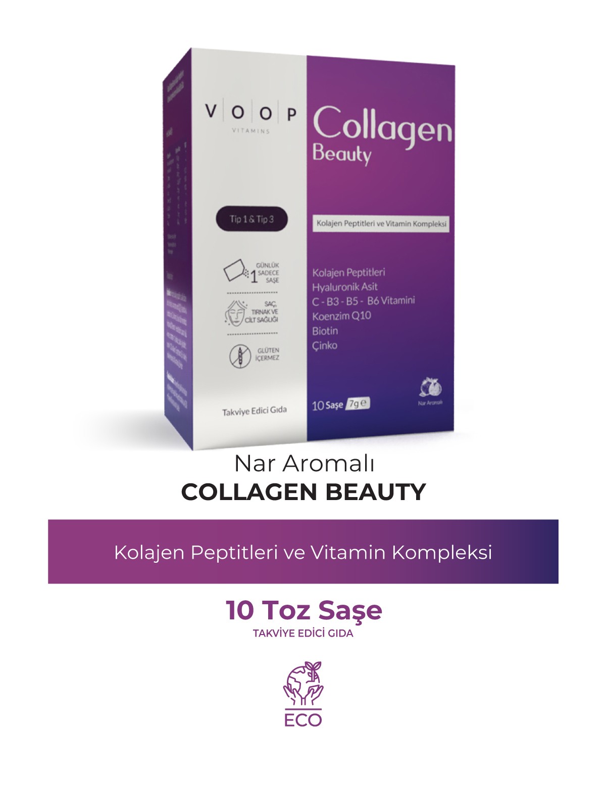 Collagen Beauty Yüksek Biyoaktif Hidrolize Tip 1&3 Kolajen | %100 Saf ve Doğal Nar Aromalı Toz Saşe - 10 Adet