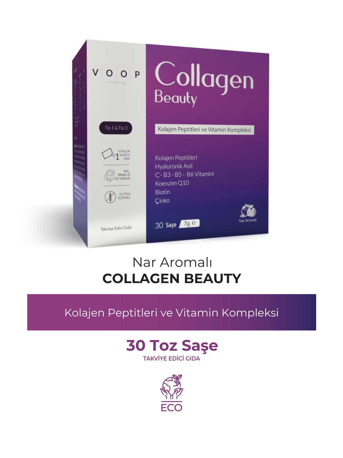 Collagen Beauty Yüksek Biyoaktif Hidrolize Tip 1&3 Kolajen | %100 Saf ve Doğal Nar Aromalı Toz Saşe - 30 Adet