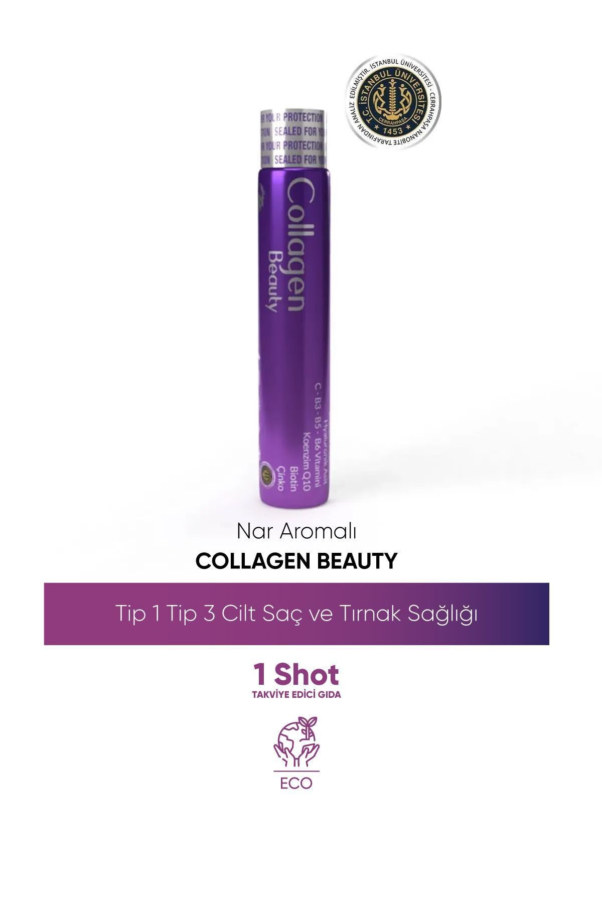 Collagen Beauty Yüksek Biyoaktif Hidrolize Tip 1&3 Kolajen | %100 Saf ve Doğal Nar Aromalı Shot - 1 Tüp