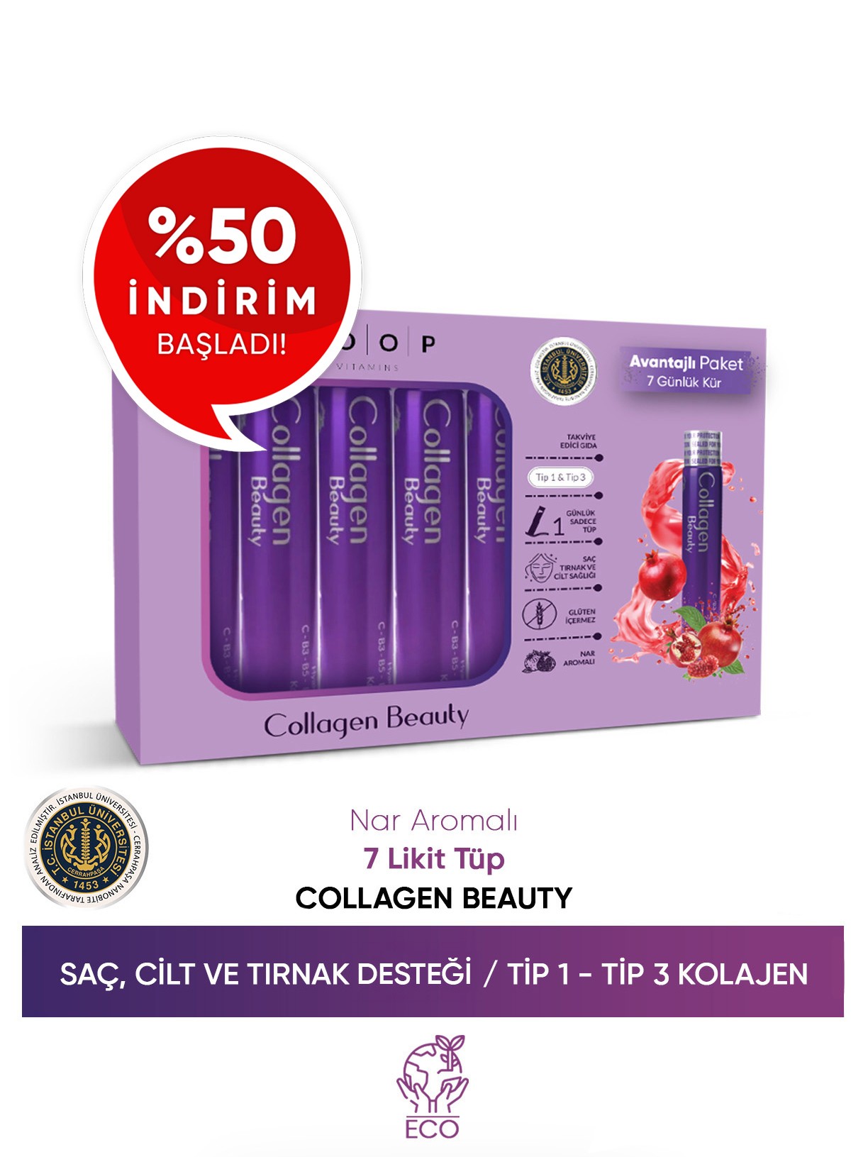 Collagen Beauty Yüksek Biyoaktif Hidrolize Tip 1 & Tip 3 Kolajen  |  7 Tüp