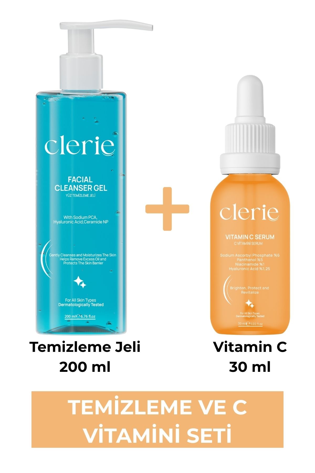 Clerie Cilt Bakım Seti – Leke Karşıtı C Vitamini Serumu & Sebum & Yağ Dengeleyici Yüz Yıkama Jeli