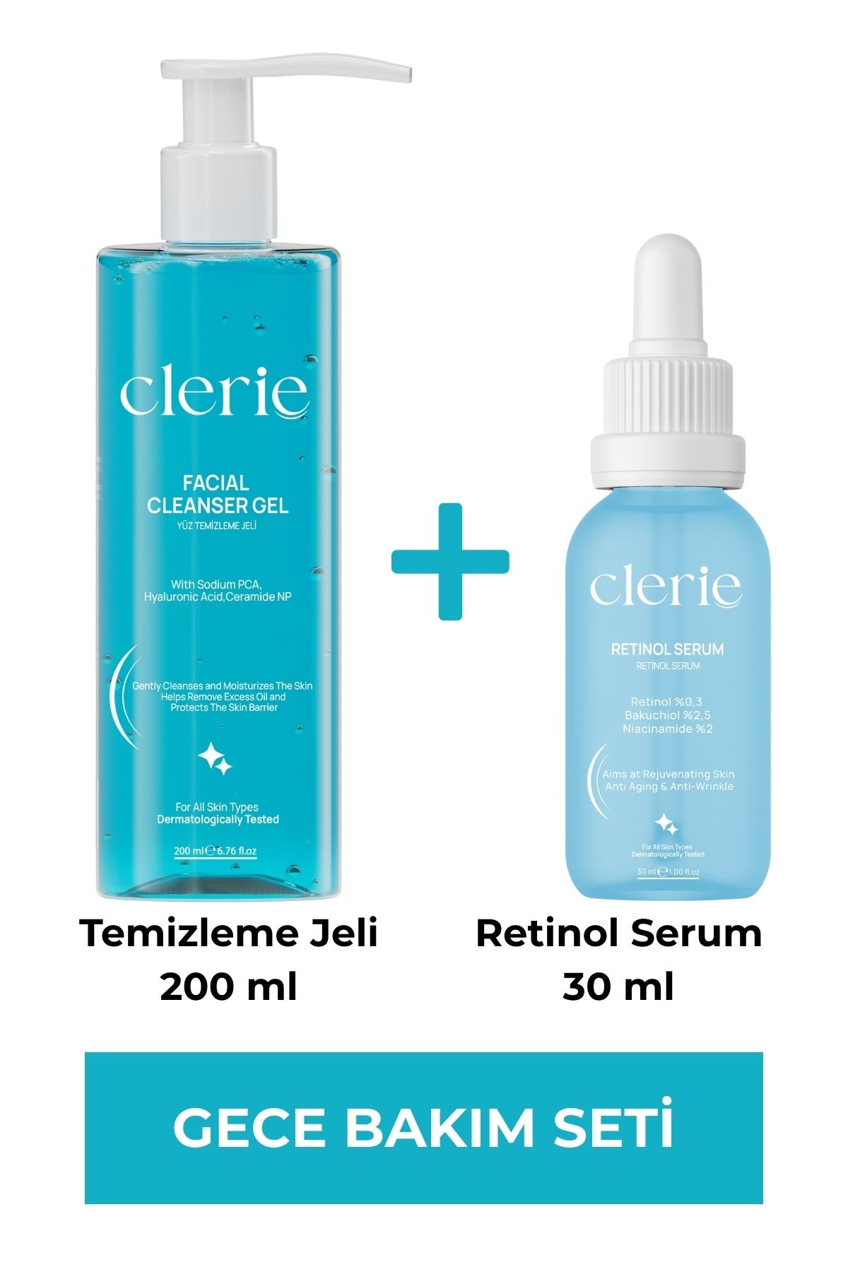 Clerie %0.3 Retinol & %2.5 Bakuchiol Serum + Sebum ve Yağ Dengeleyici Yüz Yıkama Jeli – İkili Bakım Seti