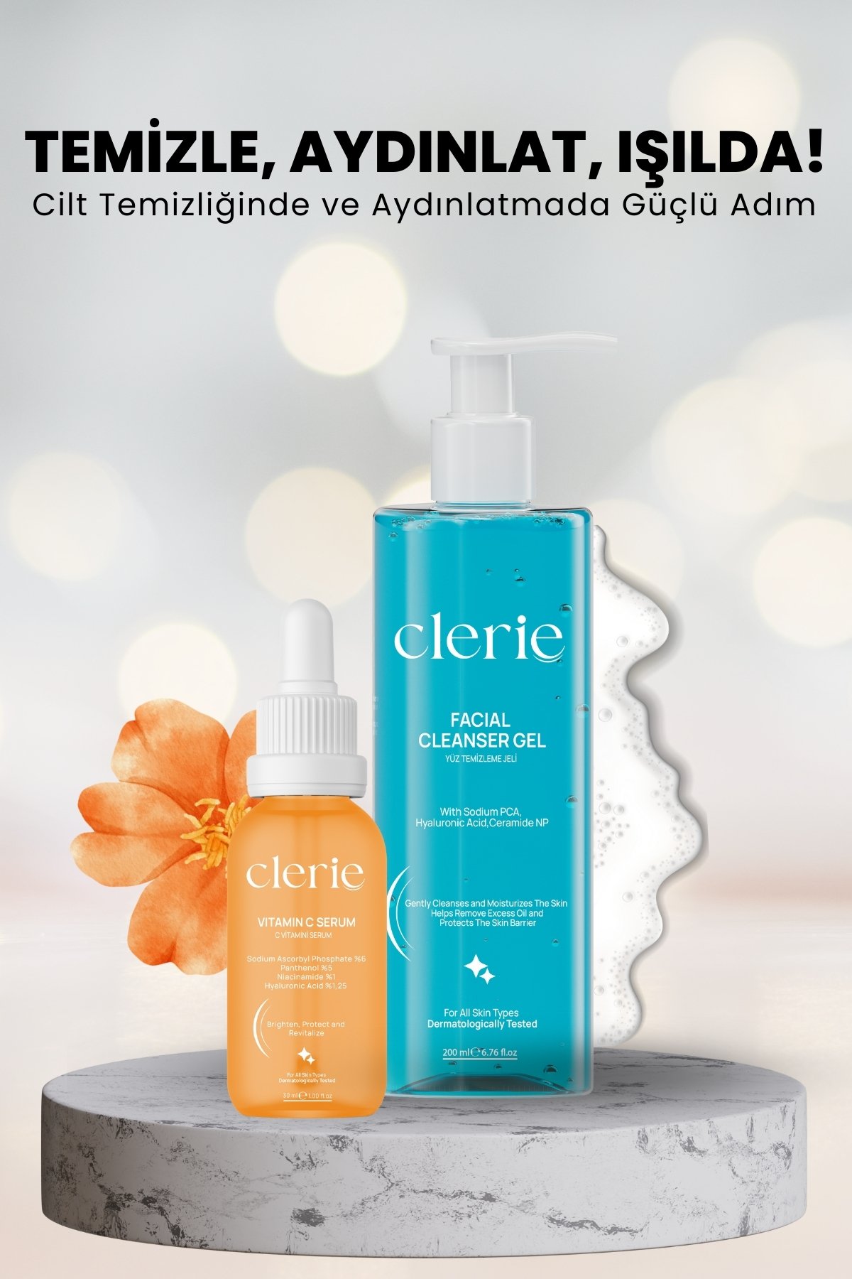 Clerie Cilt Bakım Seti – Leke Karşıtı C Vitamini Serumu & Sebum & Yağ Dengeleyici Yüz Yıkama Jeli