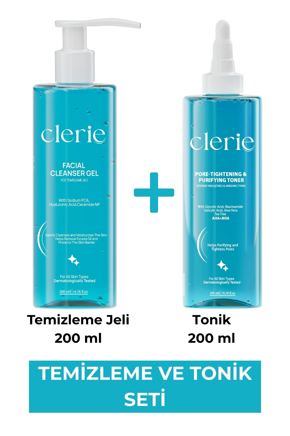 Clerie AHA+BHA Tonik & Yüz Temizleme Jeli Seti – Gözenek Sıkılaştırıcı, Sebum & Yağ Dengeleyici 200 ml x 2