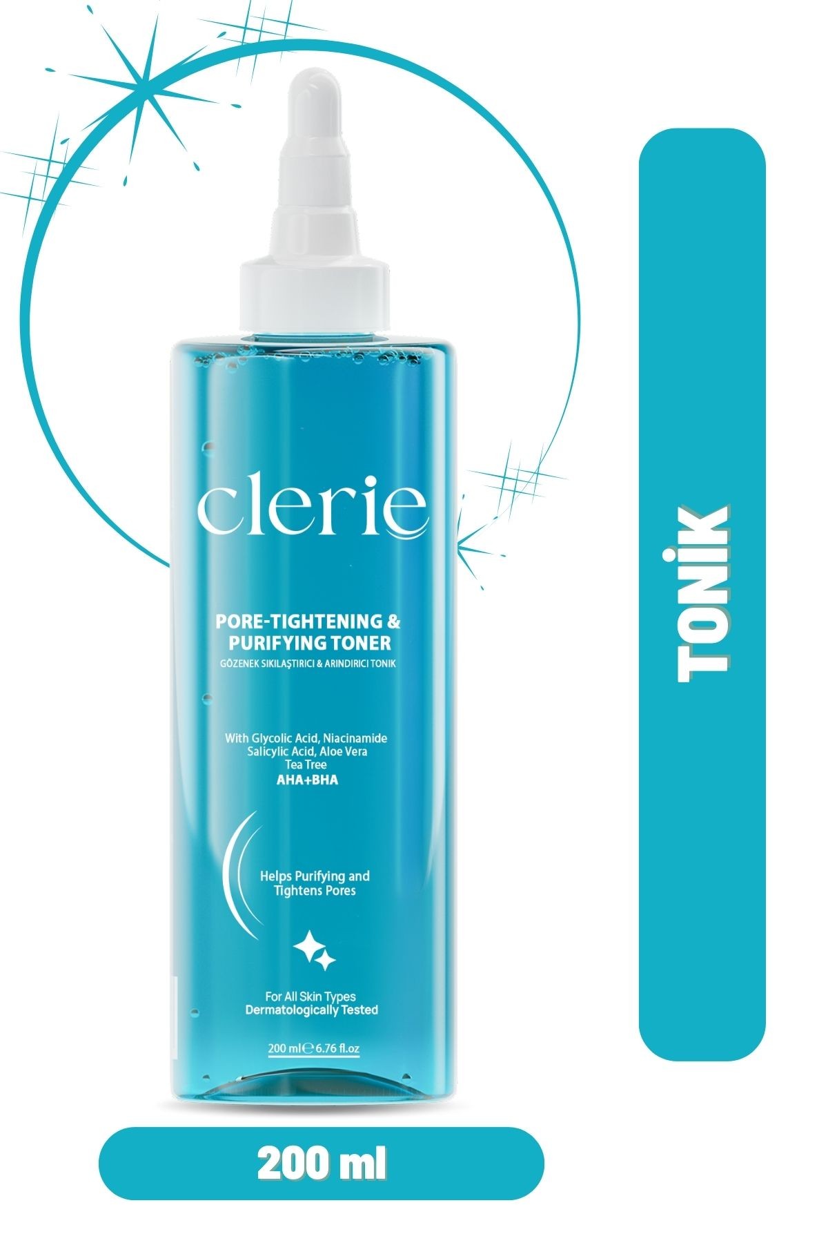 Clerie  Cilt Yenileyici AHA+BHA Tonik – Çay Ağacı + Niacinamide, Gözenek Sıkılaştırıcı, Siyah Nokta Karşıtı