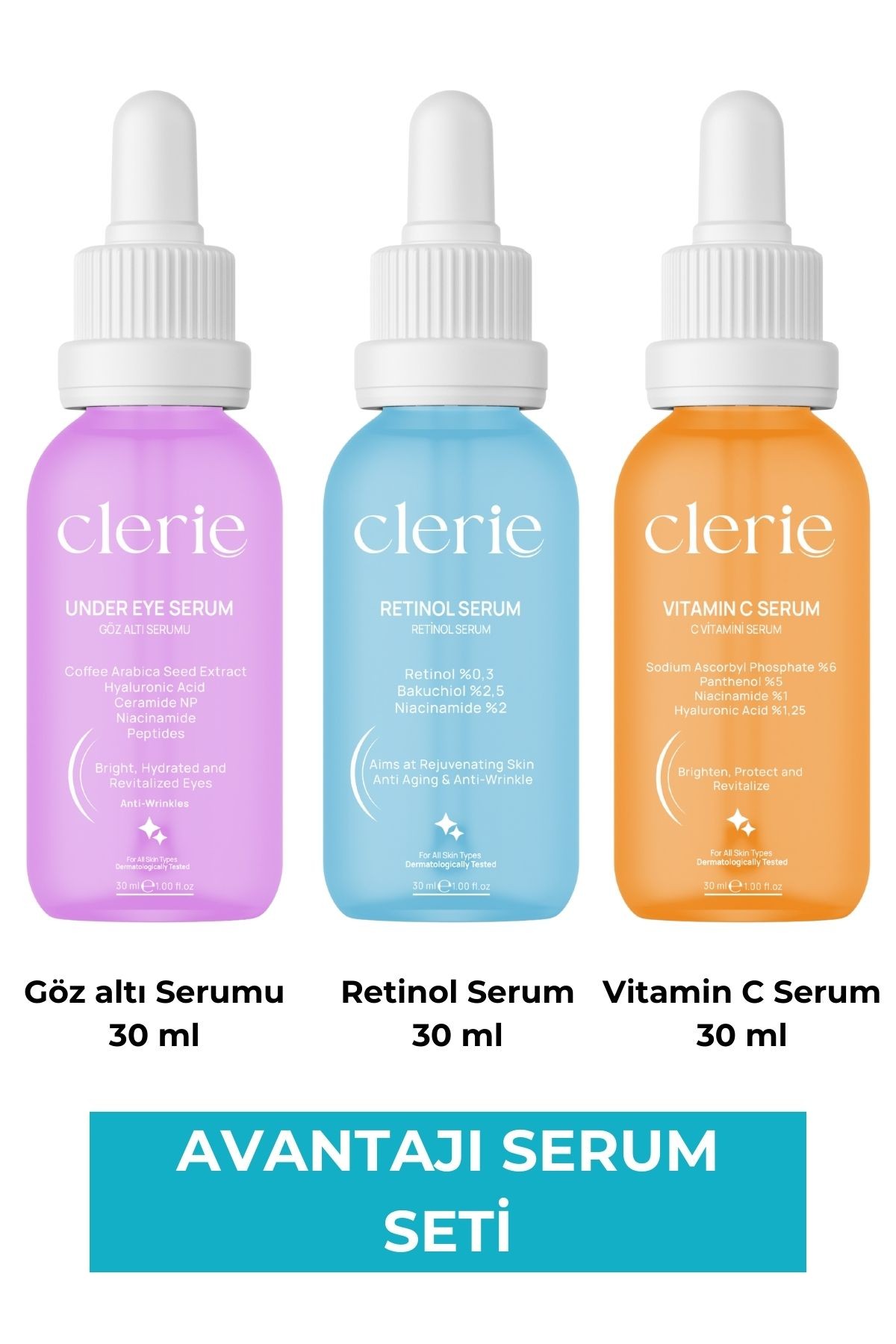 Clerie 3’lü Serum Seti (Avantajlı Paket) – Retinol, C Vitamini & Göz Altı Serumu – Leke & Morluk Karşıtı