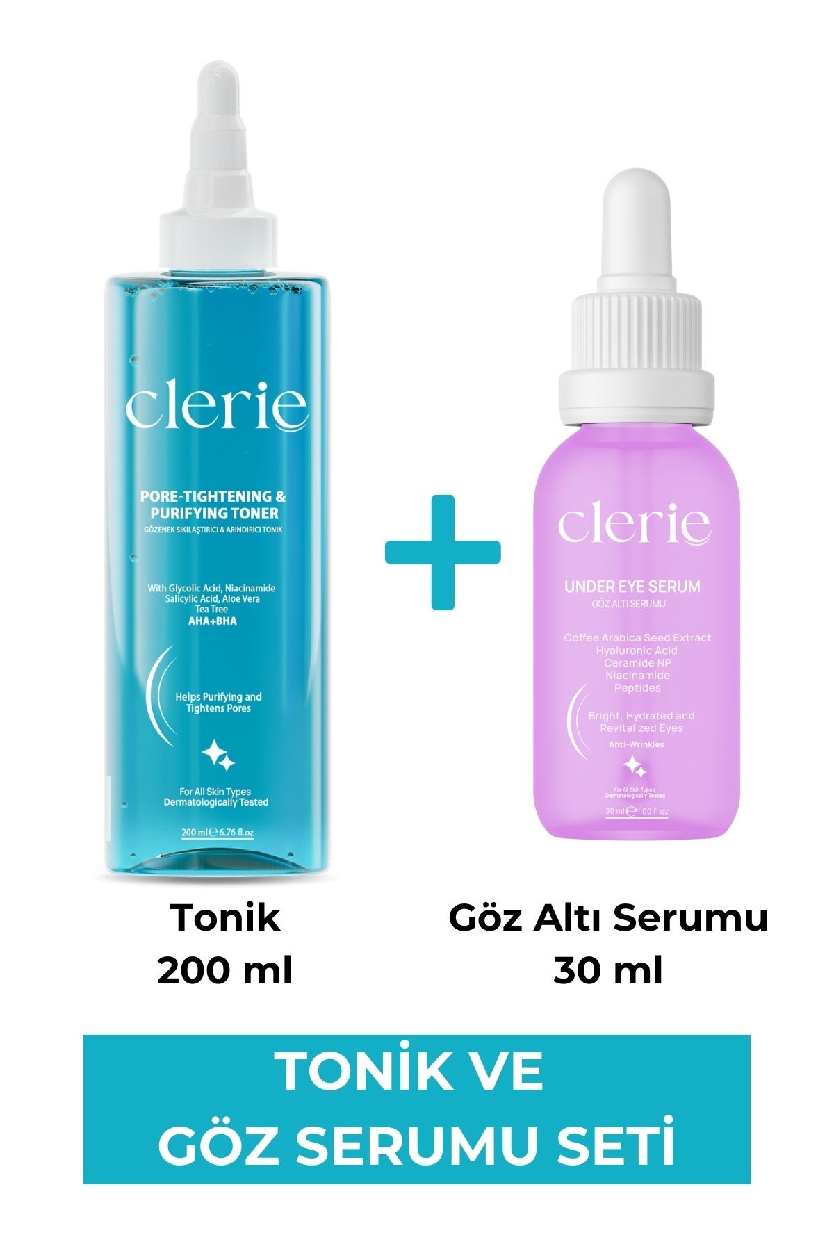 Clerie Aydınlatıcı Cilt & Göz Bakım Seti – Torbalanma Karşıtı Göz Serumu & Çay Ağacı İçeren AHA+BHA Tonik