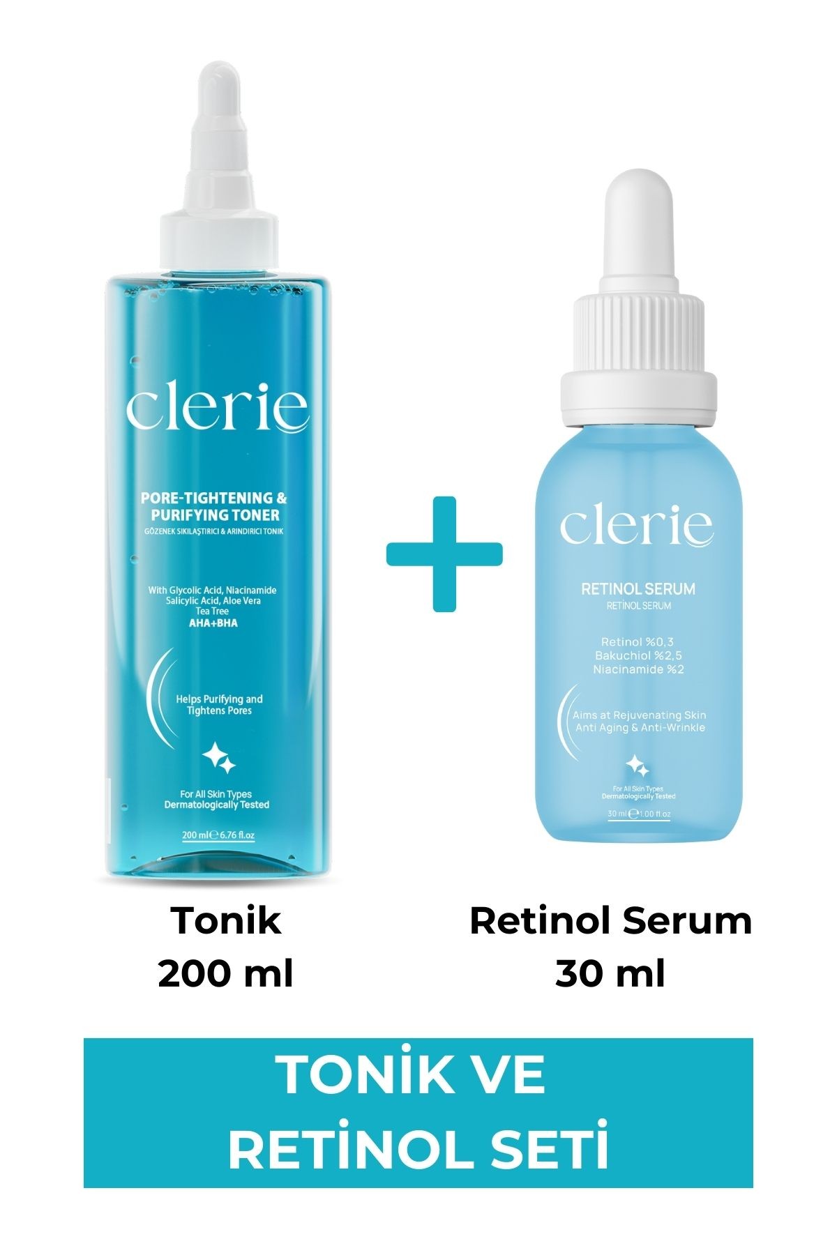 Clerie Gözenek Sıkılaştırıcı AHA+BHA Tonik & Anti-Aging Retinol Serum– Kırışıklık & Leke Karşıtı Bakım Seti