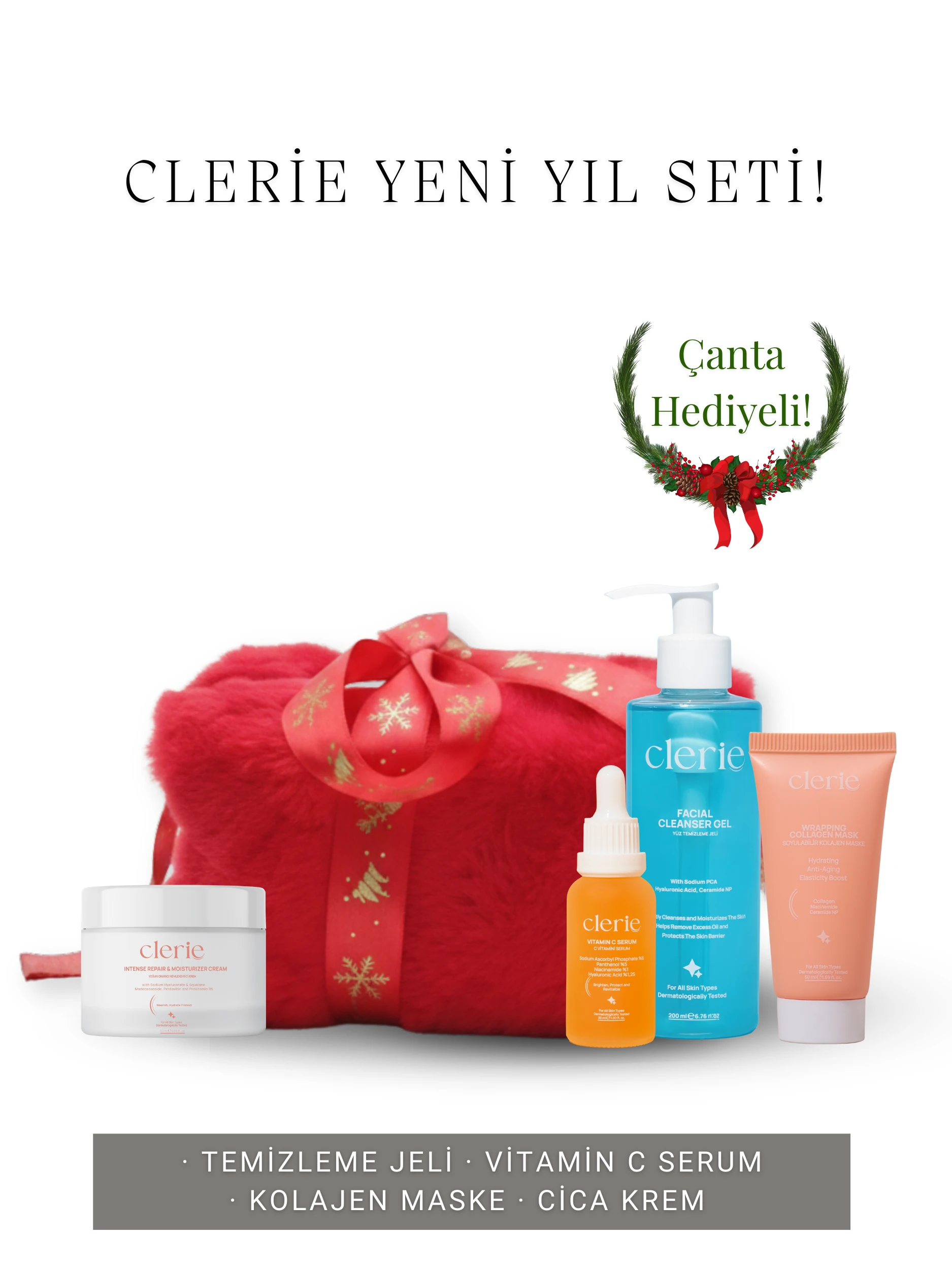 C Vitamini Serum, Cica Krem, Kolajen Maske ve Yüz Temizleme Jeli Set + Yılbaşı Makyaj Çantası Hediye!