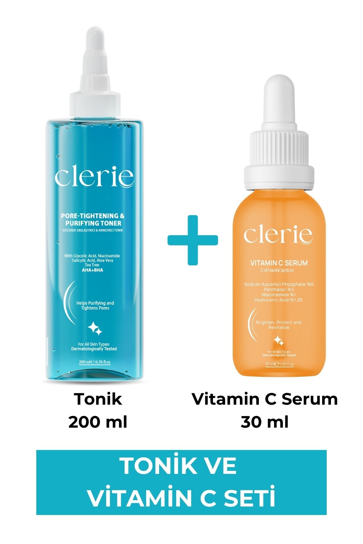 Clerie Leke Karşıtı & Arındırıcı Cilt Bakım Seti – C Vitamini Serumu & Gözenek Sıkılaştırıcı AHA+BHA Tonik