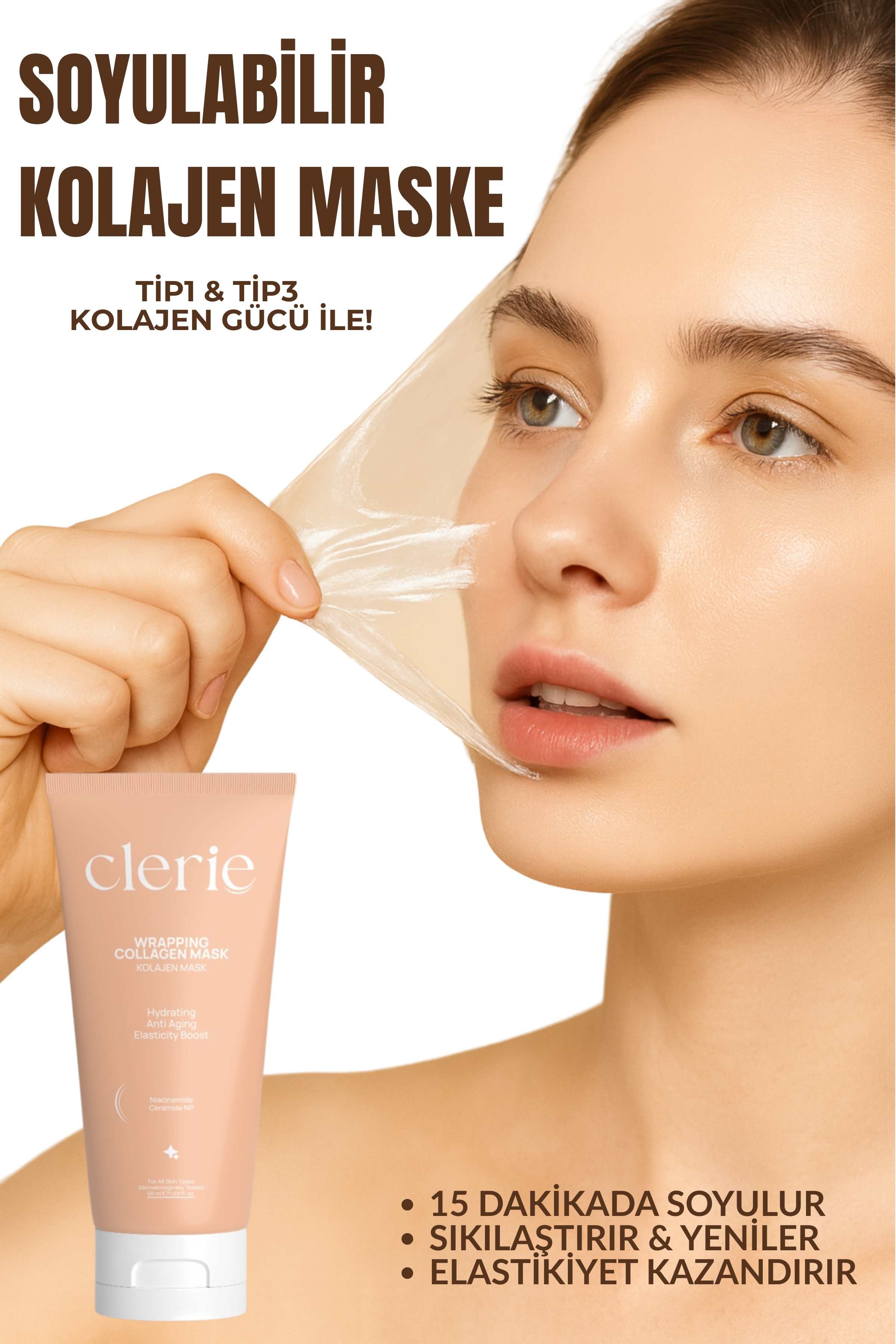 Clerie Soyulabilir Kolajen Yüz Maskesi – Cam Cilt, Nemlendirici Gözenek Sıkılaştırıcı Collagen Maske