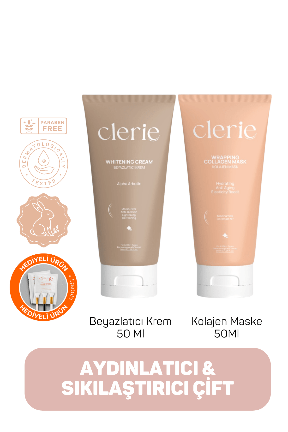 Clerie Soyulabilir Kolajen Maske + Cilt Beyazlatıcı Krem Seti – Aydınlatıcı & Sıkılaştırıcı – Cam Cilt
